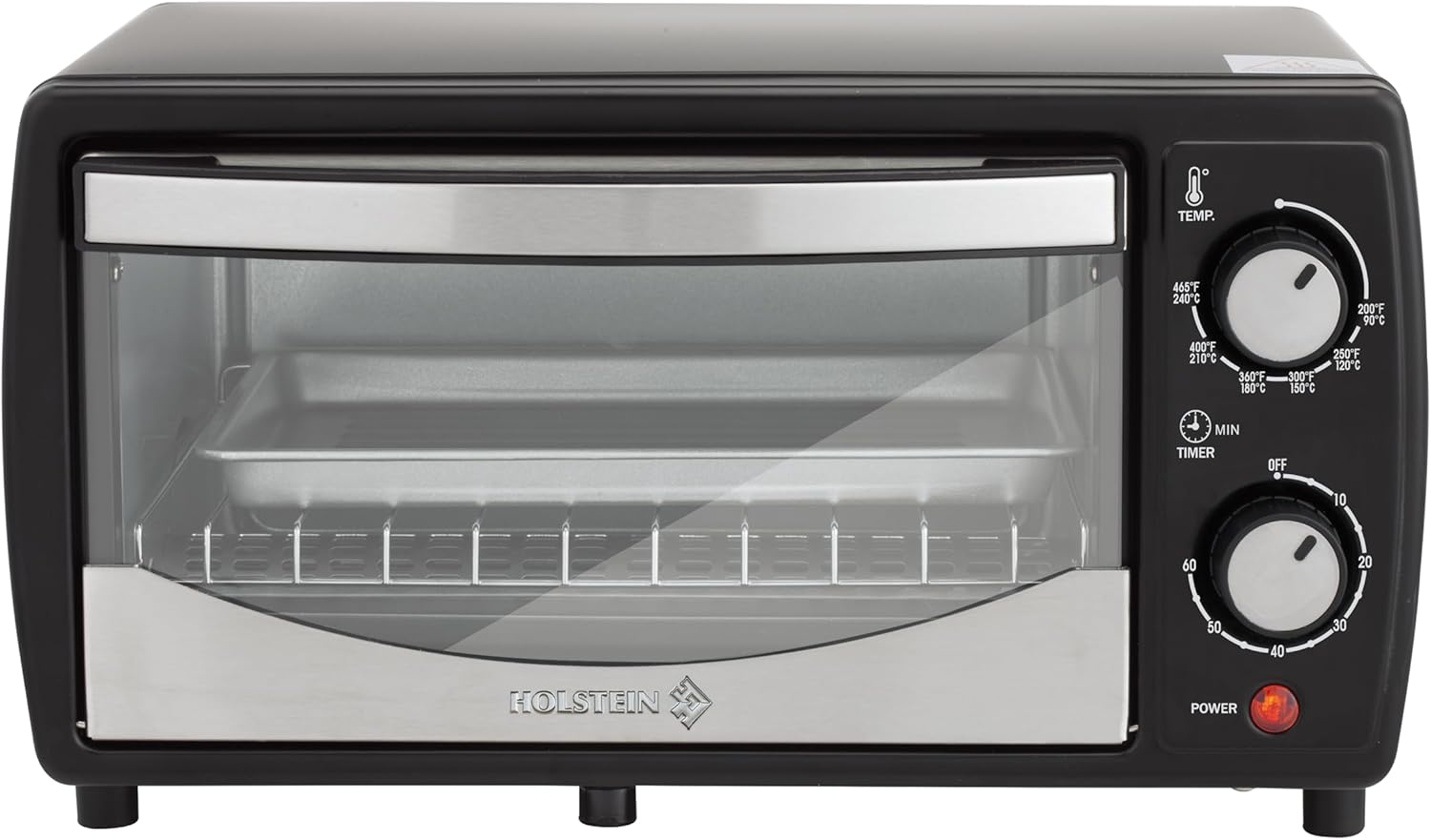 Holstein Housewares 4 Slice Toaster Oven with 60 Minute Timer, Pan, and Wire Rack - Ideal for Baking, Broiling, Toasting - Sleek Black Design