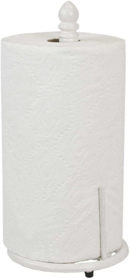 Home Basics White Cast Iron Lattice Design Countertop Paper Towel Holder with Tear-Arm and Non-Skid Feet for Kitchen