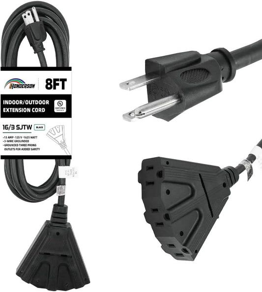 HONDERS0N 3-Outlet Weatherproof Indoor/Outdoor Extension Cord - UL Listed, 16 Gauge 8FT Black Heavy Duty Power Cord with Multiple Outlets