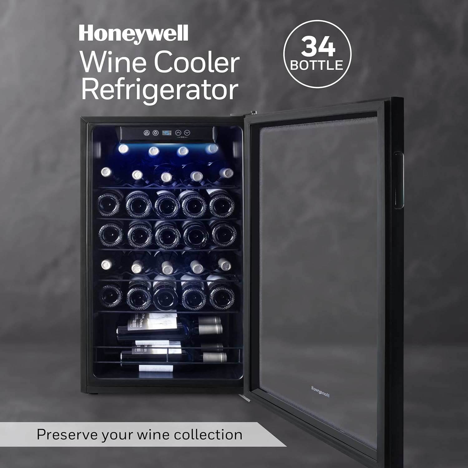 Honeywell 34 Bottle Stainless Steel Wine Cooler Refrigerator with Digital Temperature Control for Red, White, Champagne, Sparkling Wine - Large Freestanding Cellar