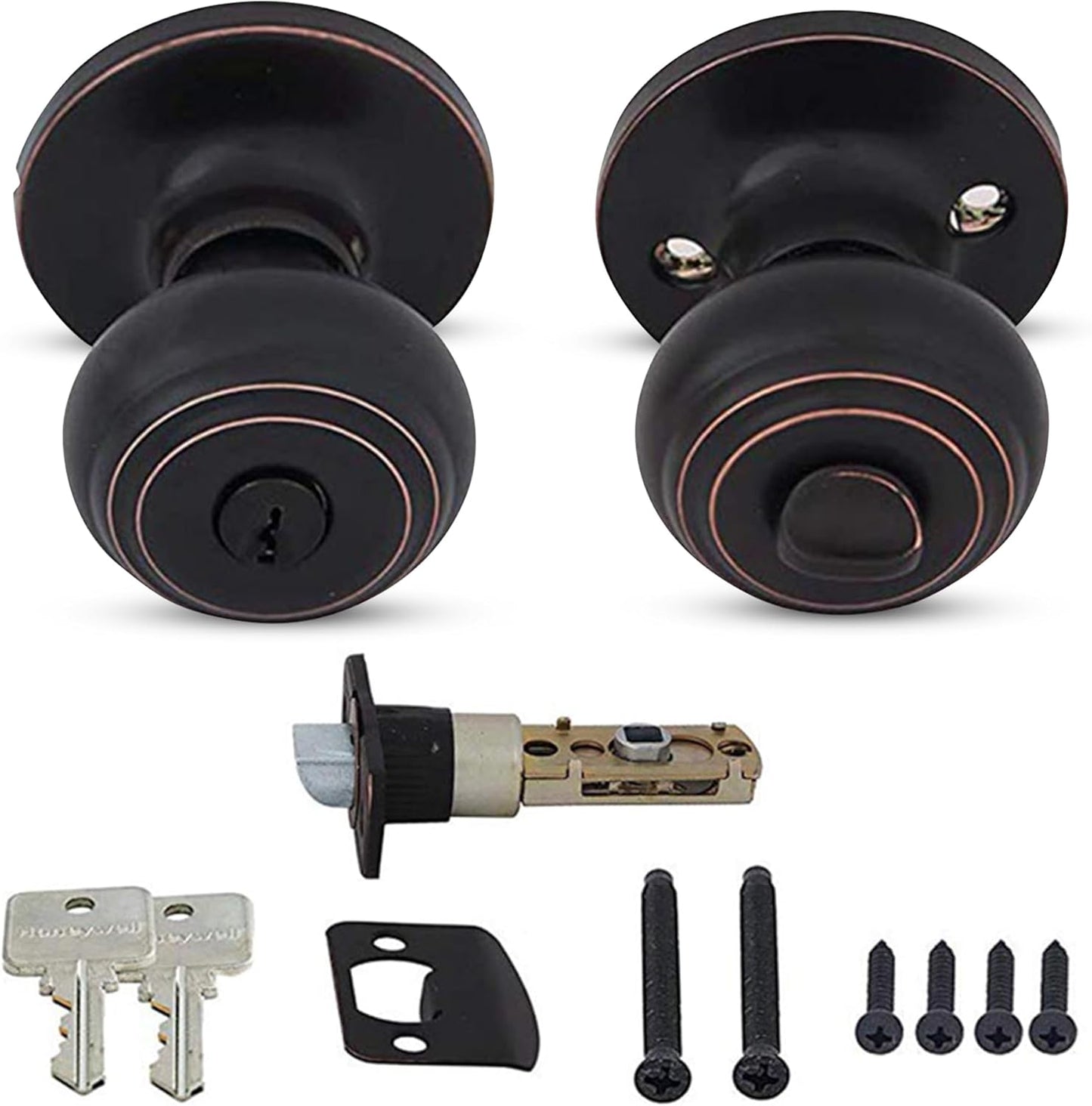 Honeywell Interior & Exterior Door Knob Set with Keys - Anti Bump Resistant - Bedroom & Bathroom Entry - Oil Rubbed Bronze - 6.5 x 2.75 x 2.75 in