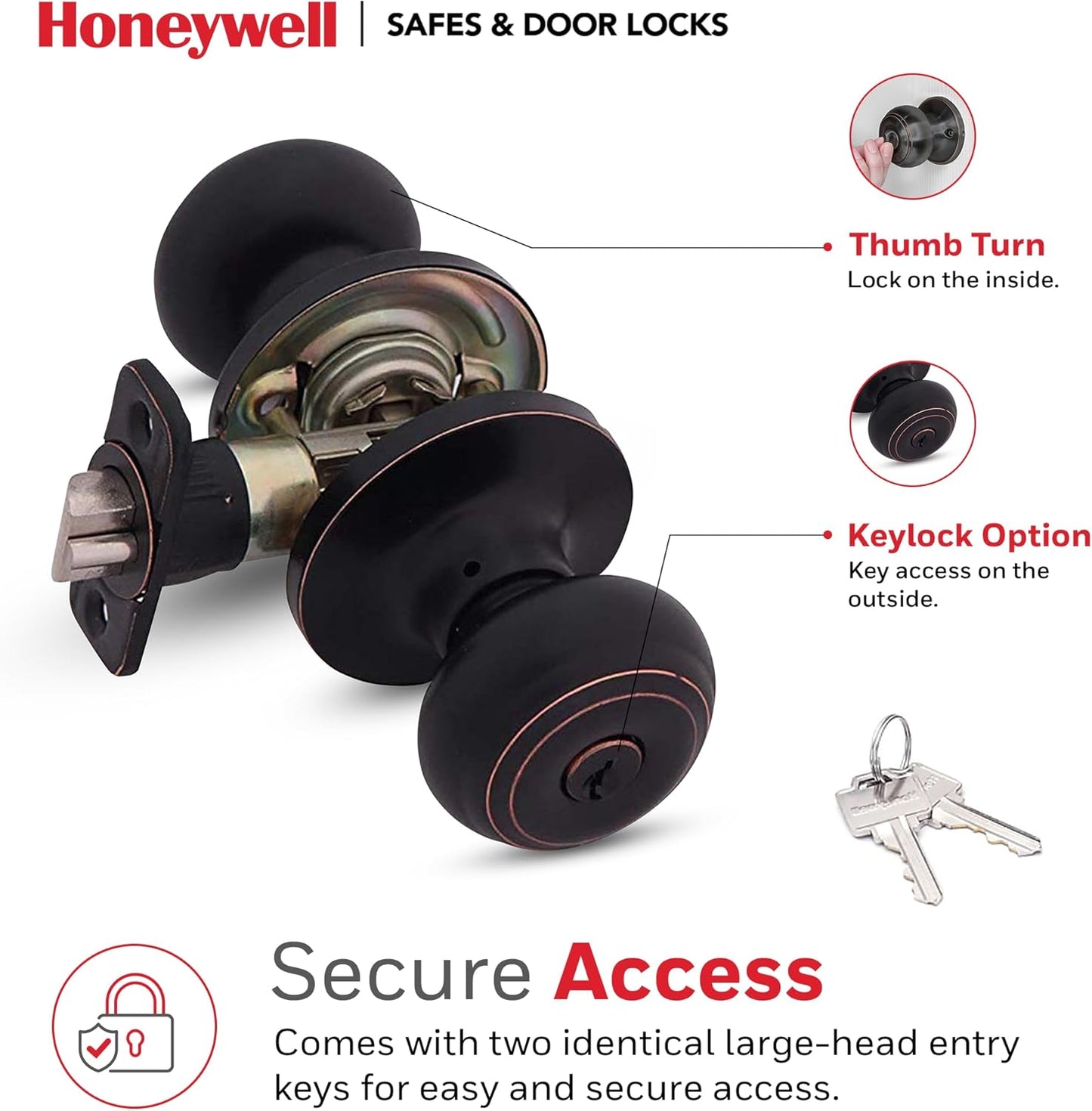 Honeywell Interior & Exterior Door Knob Set with Keys - Anti Bump Resistant - Bedroom & Bathroom Entry - Oil Rubbed Bronze - 6.5 x 2.75 x 2.75 in