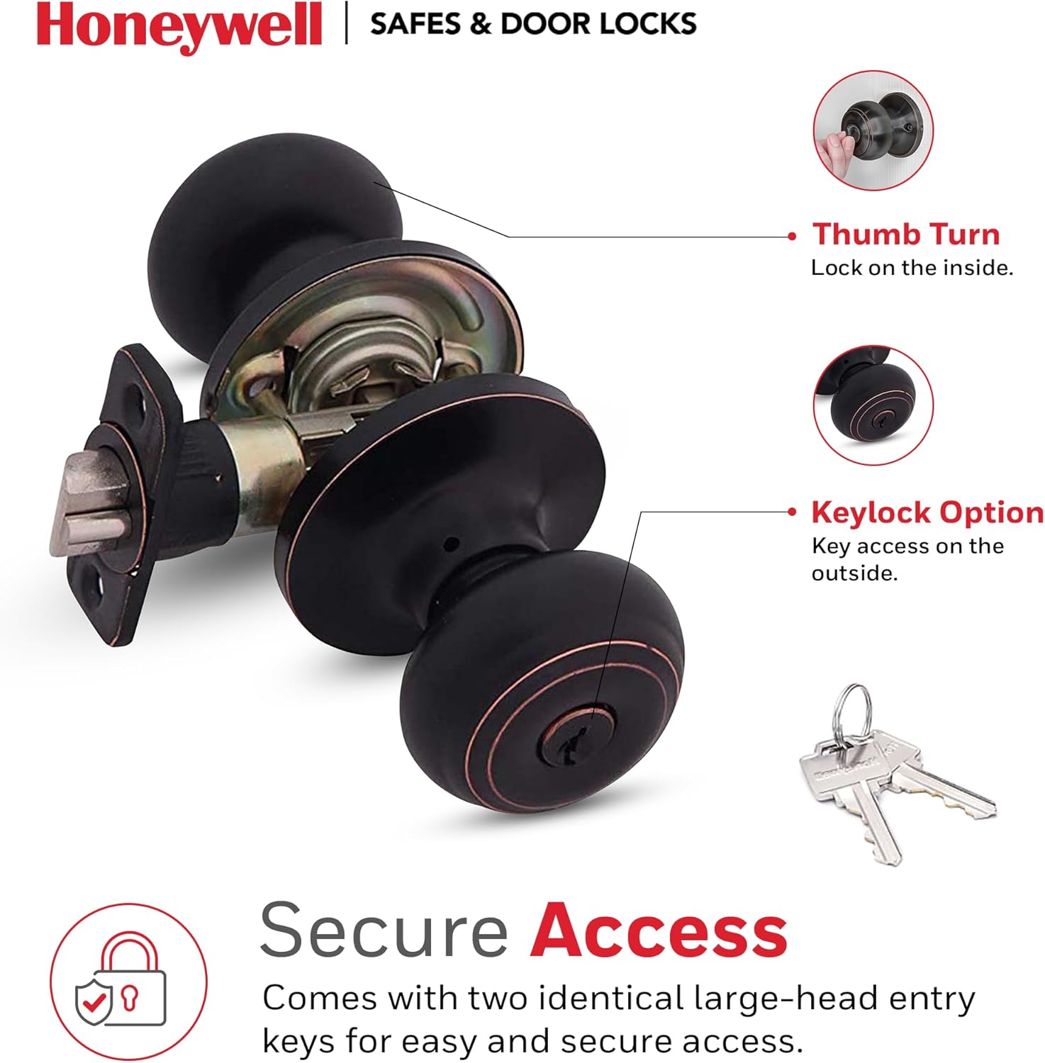 Honeywell Interior & Exterior Door Knob Set with Keys - Anti Bump Resistant - Bedroom & Bathroom Entry - Oil Rubbed Bronze - 6.5 x 2.75 x 2.75 in