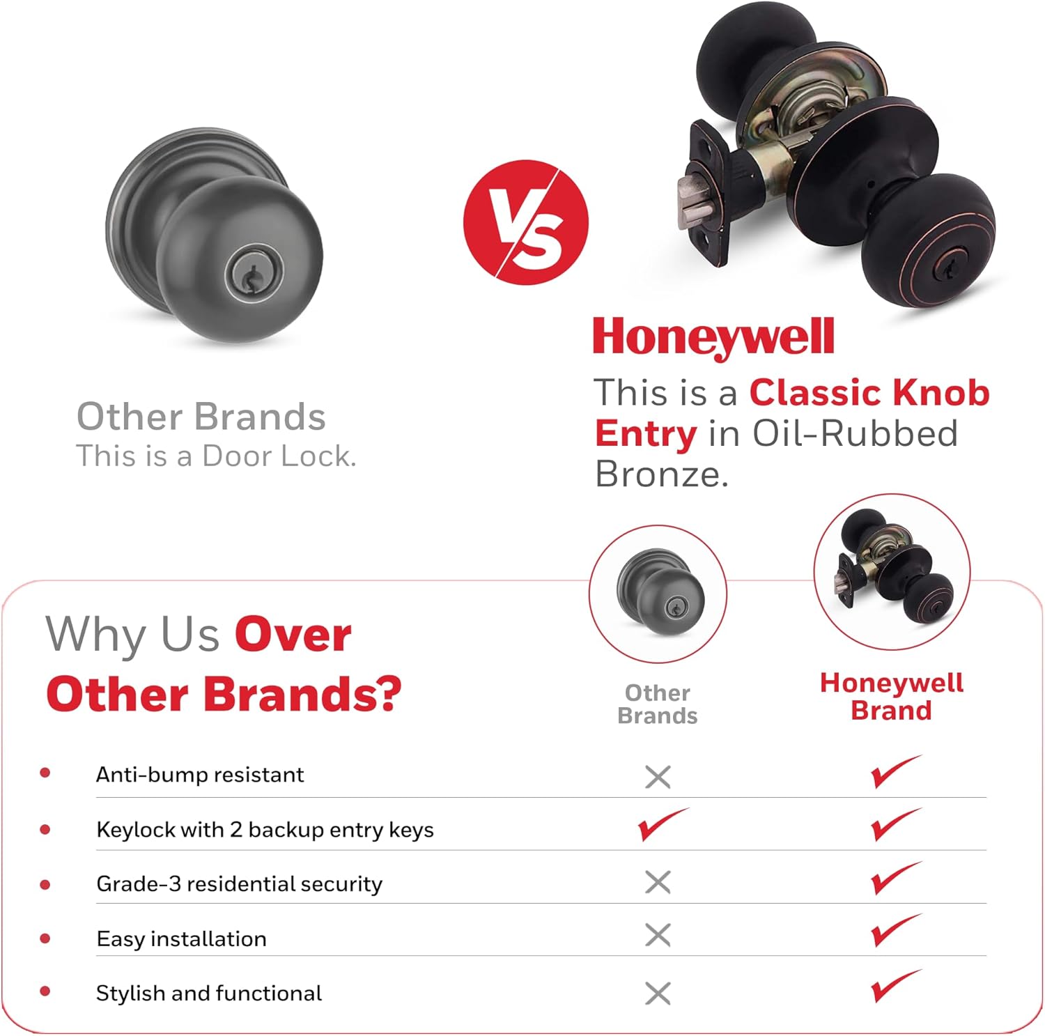 Honeywell Interior & Exterior Door Knob Set with Keys - Anti Bump Resistant - Bedroom & Bathroom Entry - Oil Rubbed Bronze - 6.5 x 2.75 x 2.75 in