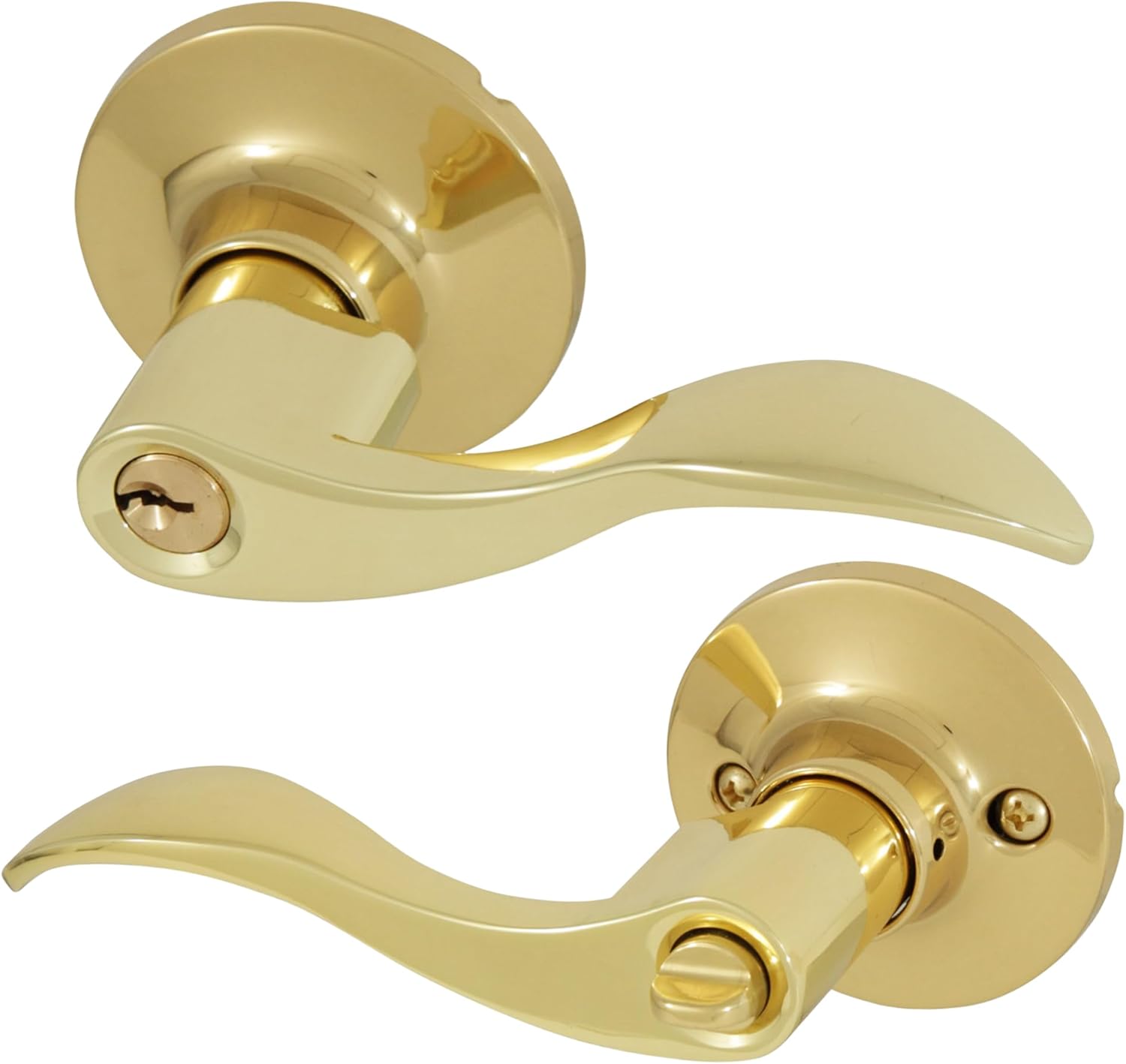 Honeywell Wave Lever Door Handle with Keys - Bedroom Door Lock - Anti-Bump Resistant - Reversible for Right & Left Doors - Polished Brass - WildKart