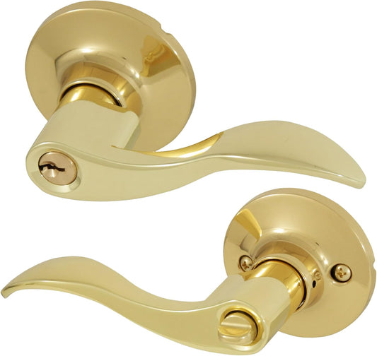 Honeywell Wave Lever Door Handle with Keys - Bedroom Door Lock - Anti-Bump Resistant - Reversible for Right & Left Doors - Polished Brass - WildKart