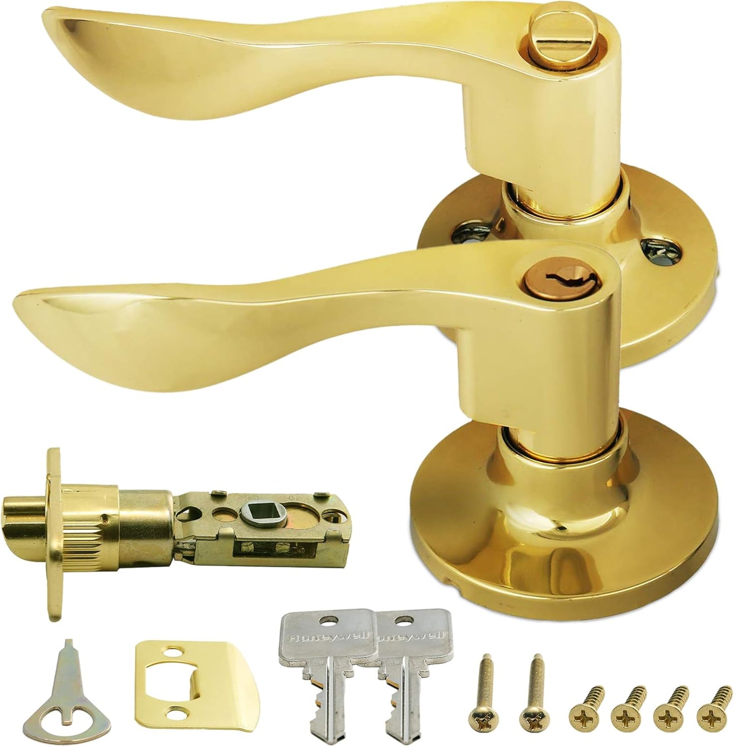 Honeywell Wave Lever Door Handle with Keys - Bedroom Door Lock - Anti-Bump Resistant - Reversible for Right & Left Doors - Polished Brass - WildKart