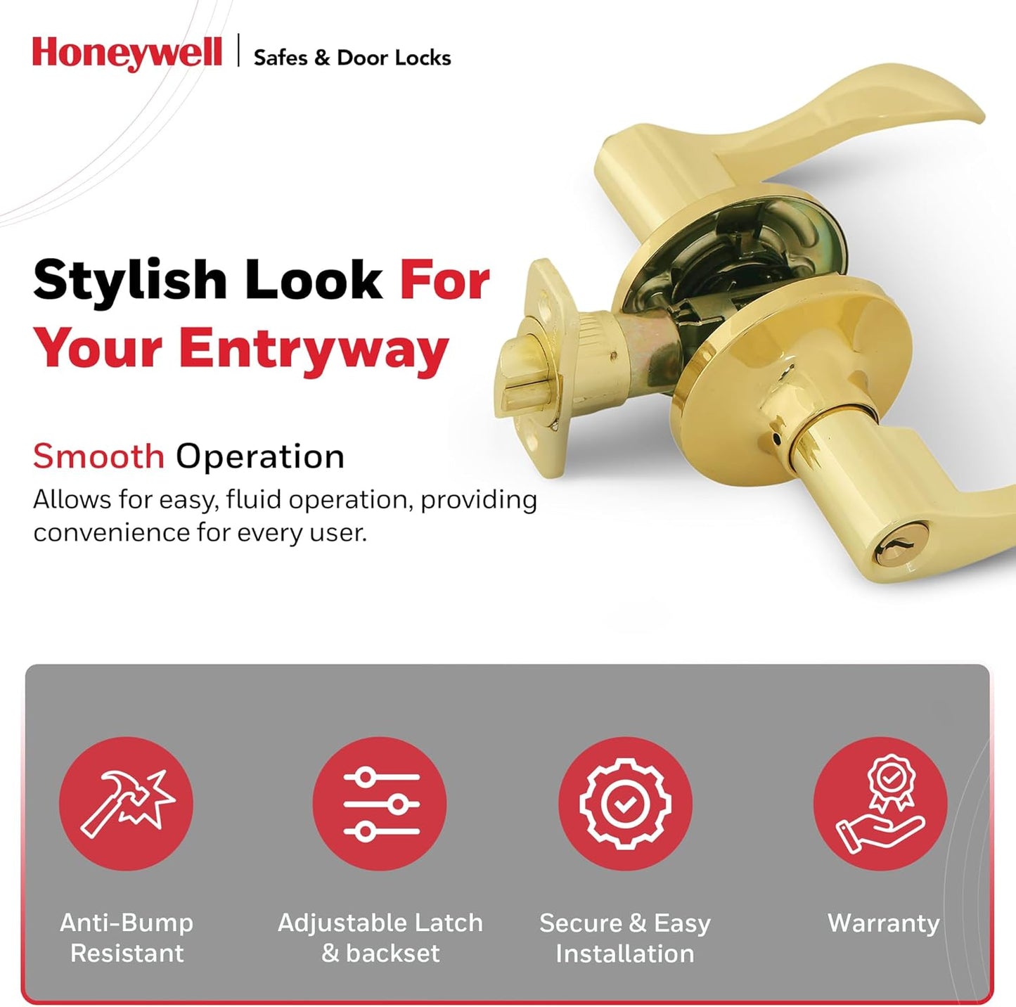 Honeywell Wave Lever Door Handle with Keys - Bedroom Door Lock - Anti-Bump Resistant - Reversible for Right & Left Doors - Polished Brass - WildKart