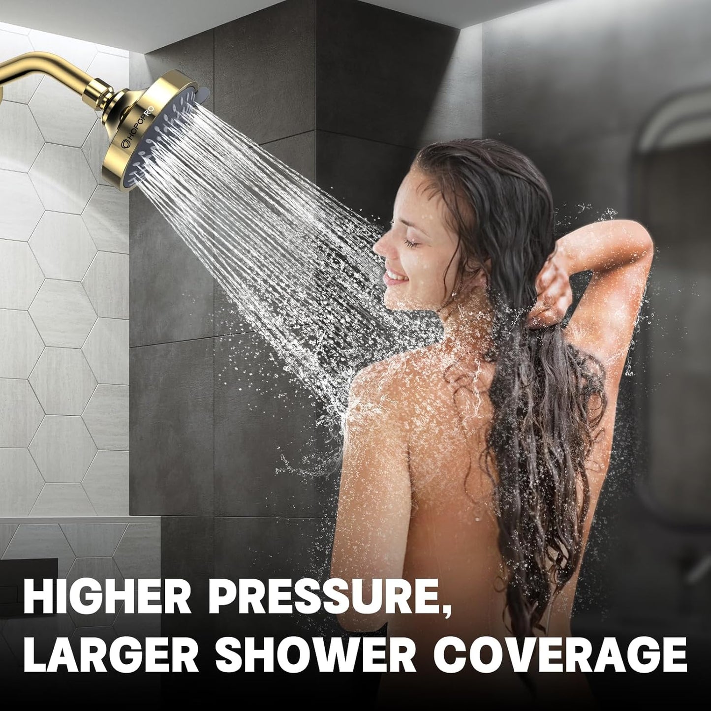 HOPOPRO 5-Mode High Pressure Shower Head - Recommended by The Washington Post, NBC News, and Today TV Show - Fixed Showerhead with High Flow (4 Inch Gold)