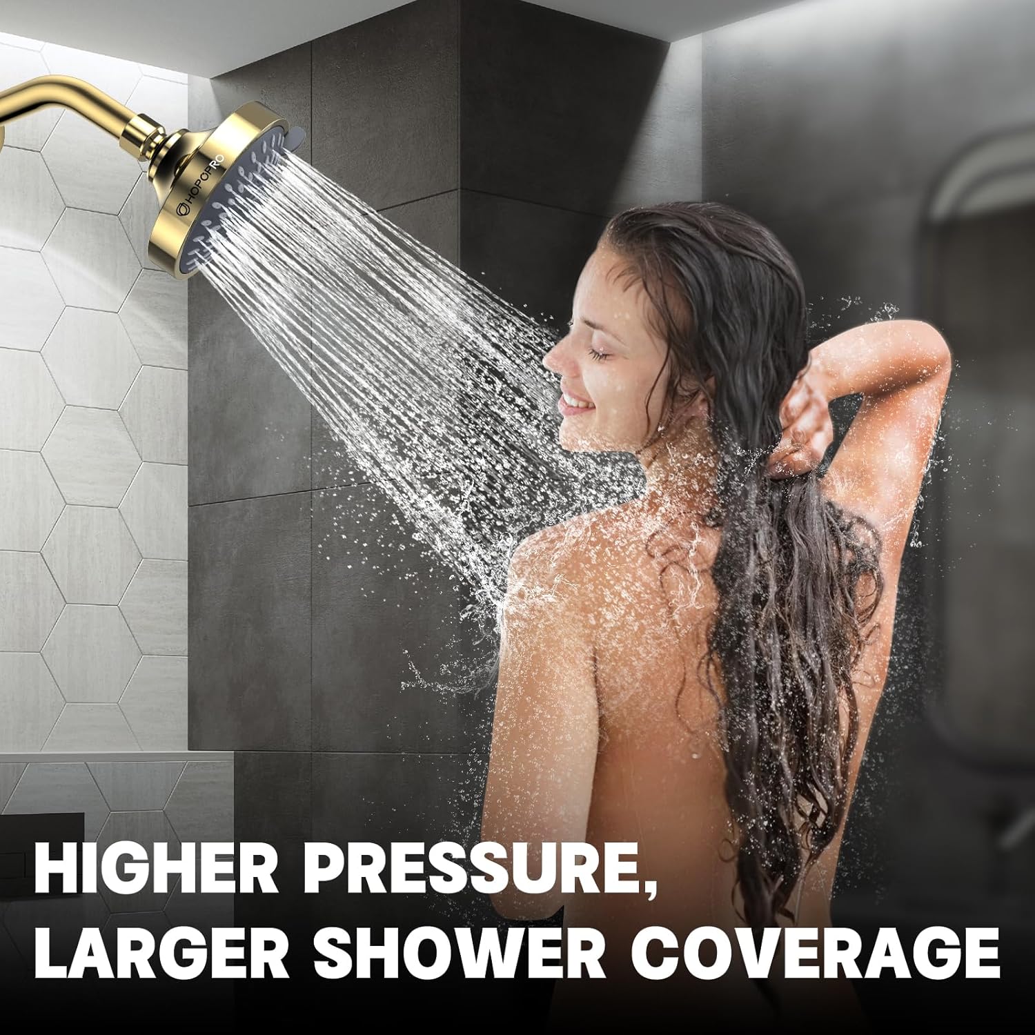 HOPOPRO 5-Mode High Pressure Shower Head - Recommended by The Washington Post, NBC News, and Today TV Show - Fixed Showerhead with High Flow (4 Inch Gold)