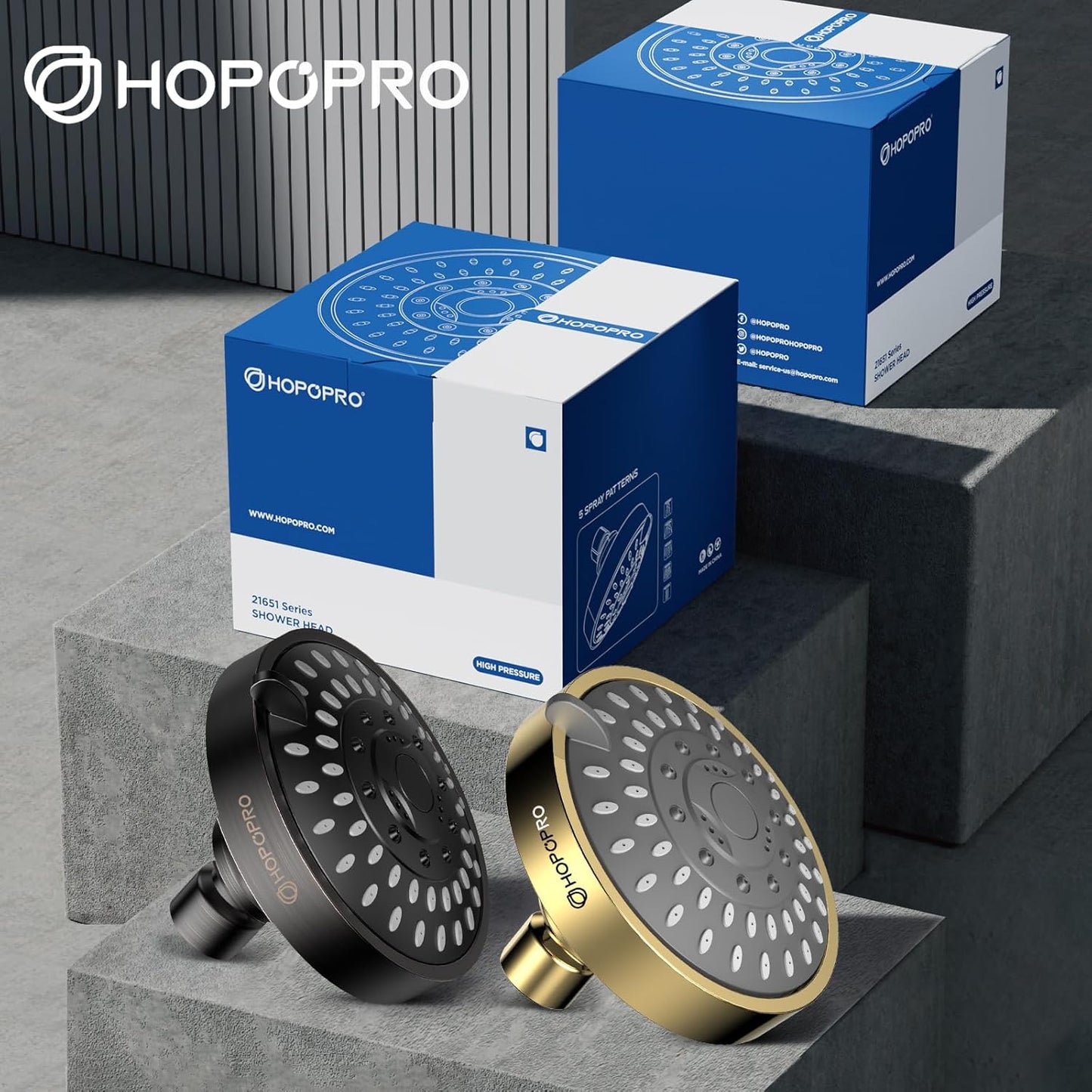 HOPOPRO 5-Mode High Pressure Shower Head - Recommended by The Washington Post, NBC News, and Today TV Show - Fixed Showerhead with High Flow (4 Inch Gold)