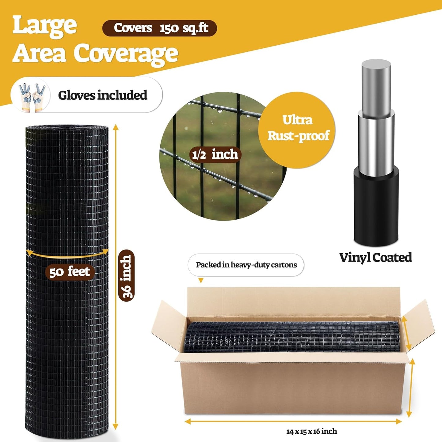 HORCH Black Vinyl Coated 1/2 inch Hardware Cloth 36 x 50 ft - 19 Gauge Wire Mesh Roll for Chicken Wire Fencing, Garden Fence, Tree Guard & Rodent Wire