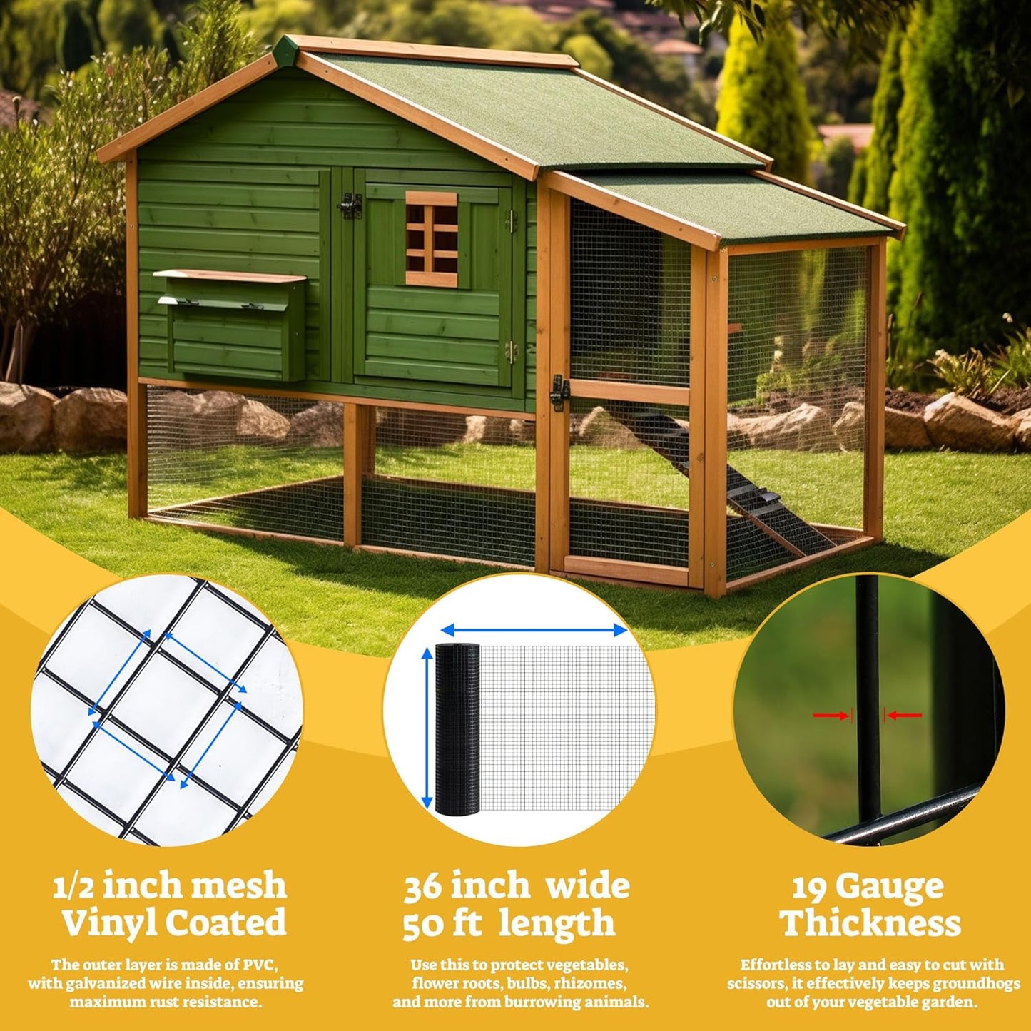 HORCH Black Vinyl Coated 1/2 inch Hardware Cloth 36 x 50 ft - 19 Gauge Wire Mesh Roll for Chicken Wire Fencing, Garden Fence, Tree Guard & Rodent Wire