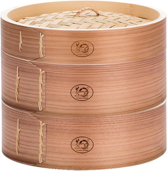 HUANGYIFU Bamboo Steamer Basket 2 Tiers 5.9-11.81 Inch for Cooking Dumplings, Vegetables, Chicken, Fish, Rice - Chinese Food Steam Baskets