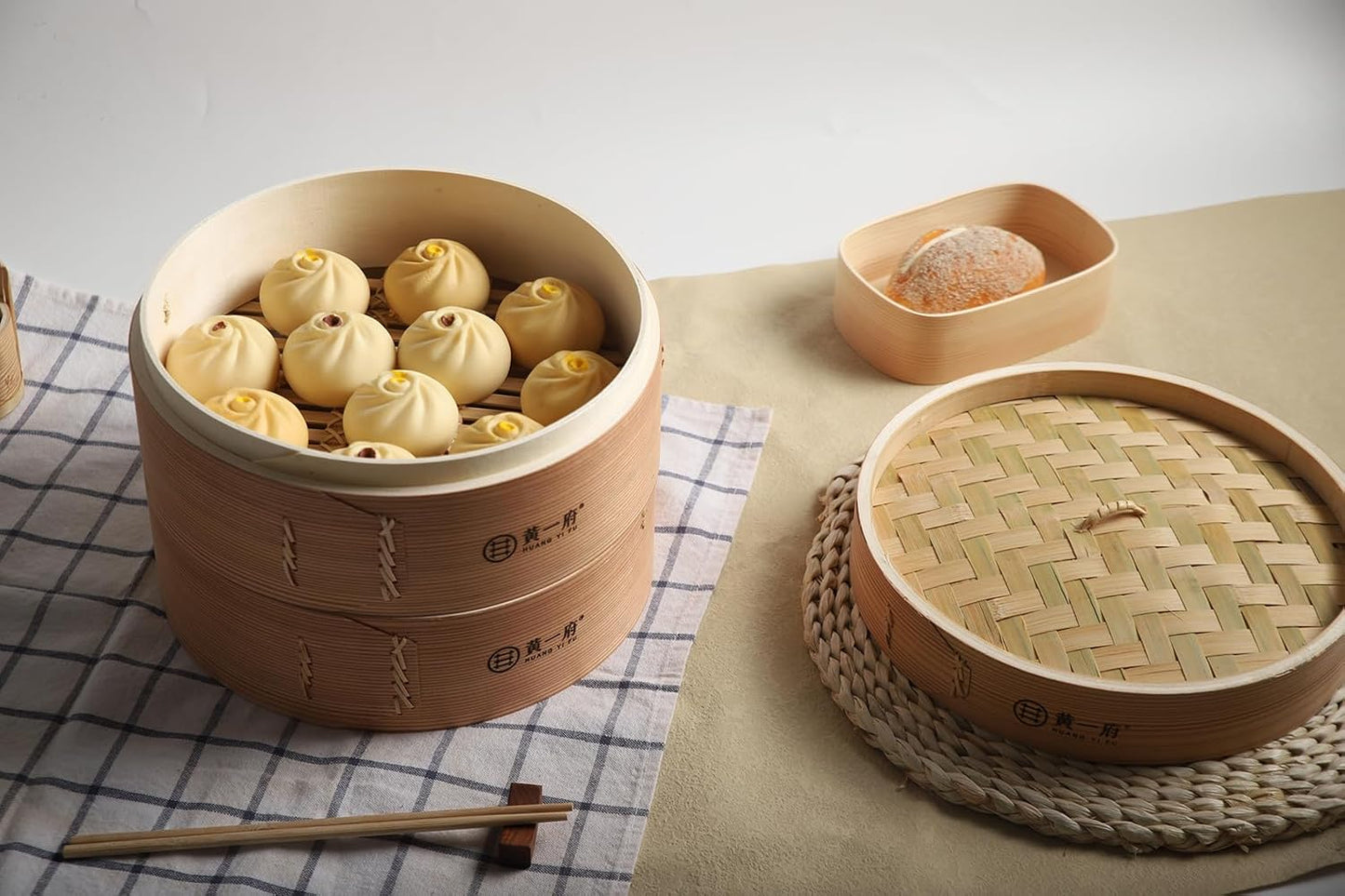 HUANGYIFU Bamboo Steamer Basket 2 Tiers 5.9-11.81 Inch for Cooking Dumplings, Vegetables, Chicken, Fish, Rice - Chinese Food Steam Baskets