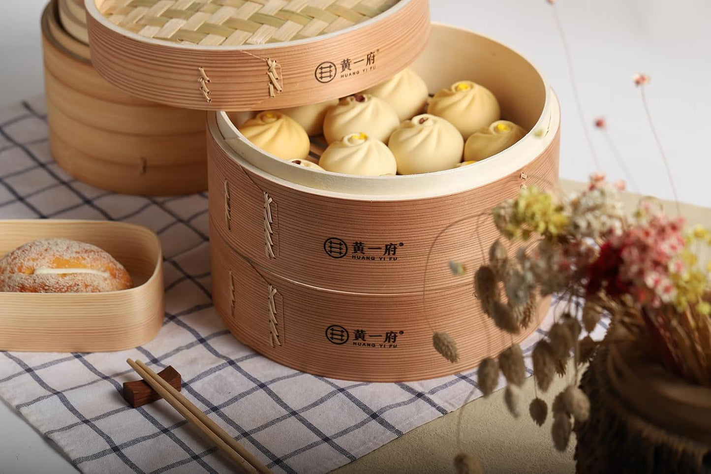 HUANGYIFU Bamboo Steamer Basket 2 Tiers 5.9-11.81 Inch for Cooking Dumplings, Vegetables, Chicken, Fish, Rice - Chinese Food Steam Baskets