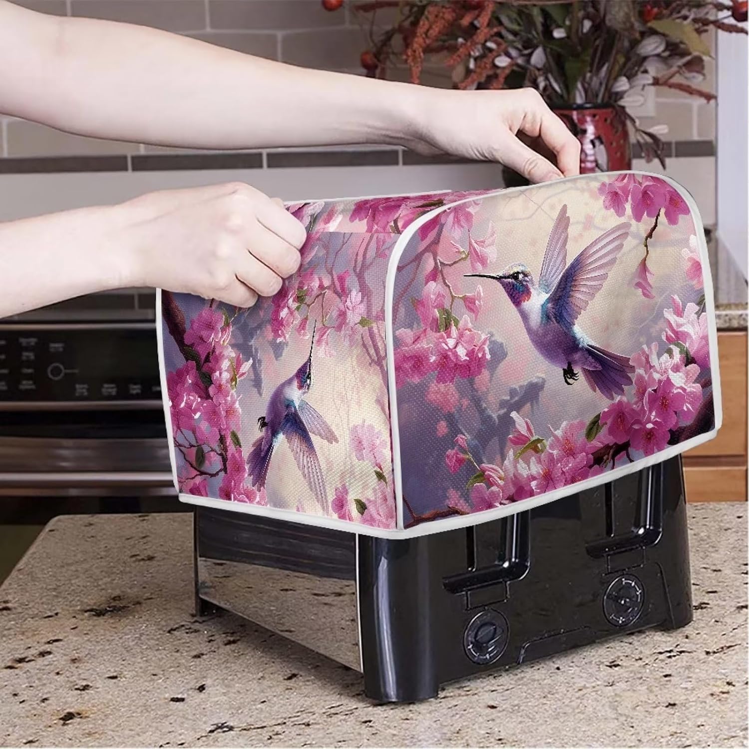 Hummingbird Cherry Blossom 4 Slice Wide Slot Toaster Cover - Durable Bread Maker Dust Cover for Kitchen Appliances