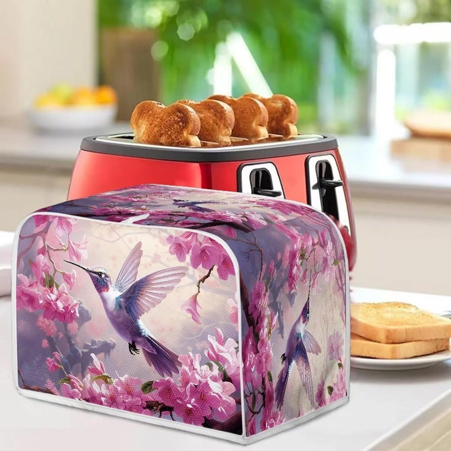 Hummingbird Cherry Blossom 4 Slice Wide Slot Toaster Cover - Durable Bread Maker Dust Cover for Kitchen Appliances