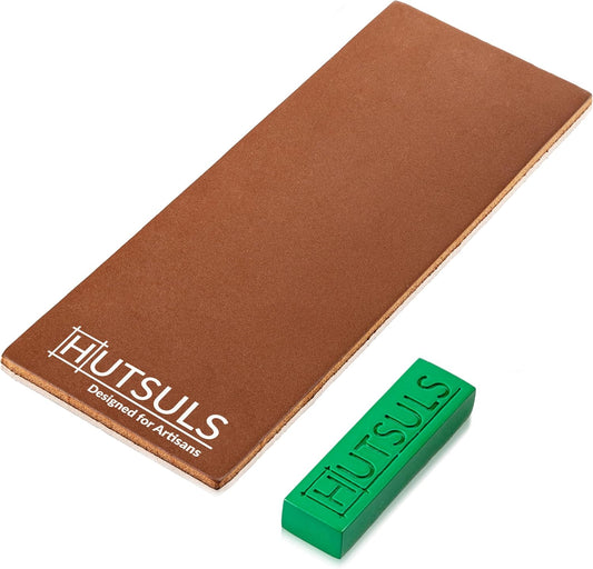 Hutsuls Brown Leather Strop Kit with Green Honing Compound - Achieve Razor-Sharp Edges with Two-Sided Knife Sharpener and Step-by-Step Guide