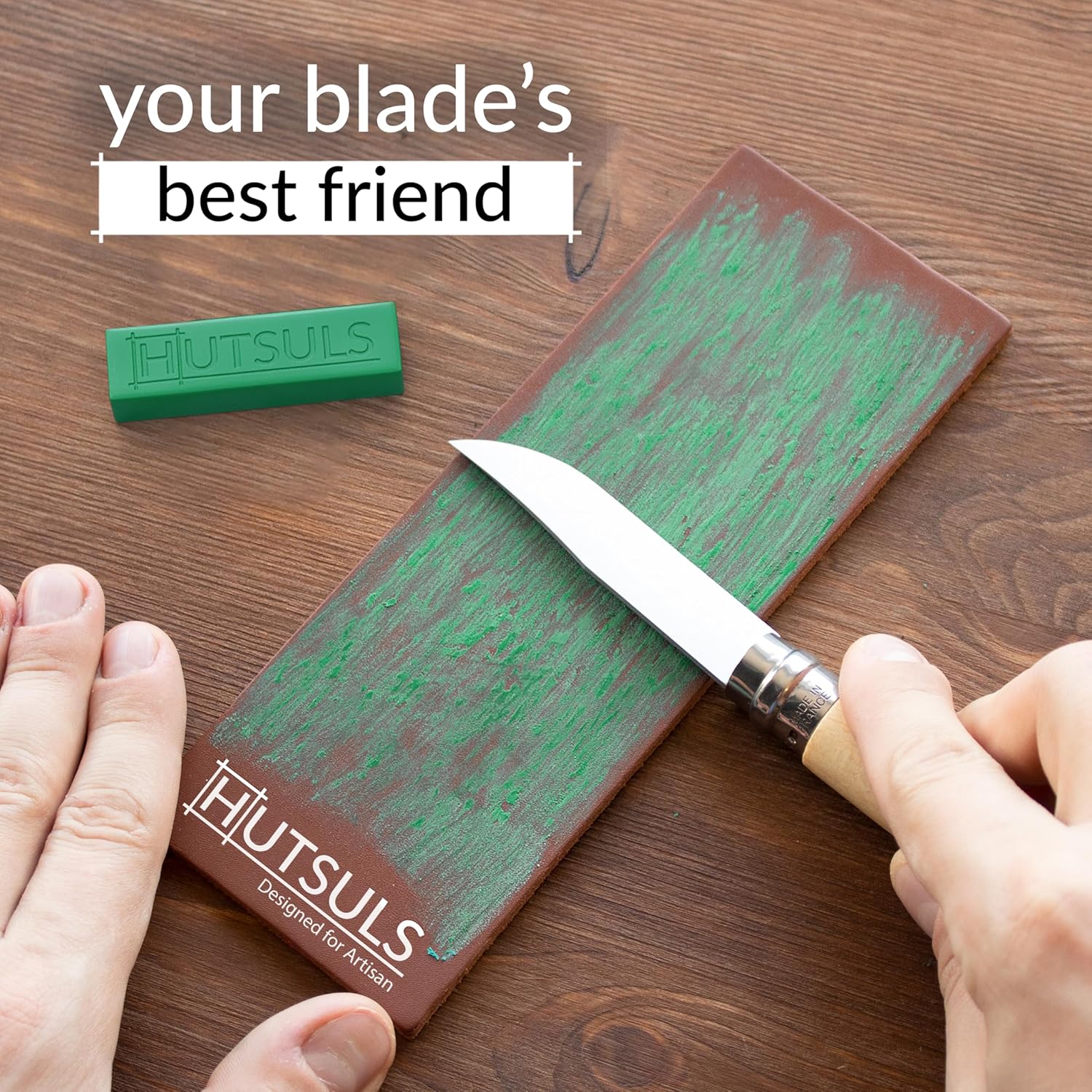 Hutsuls Brown Leather Strop Kit with Green Honing Compound - Achieve Razor-Sharp Edges with Two-Sided Knife Sharpener and Step-by-Step Guide