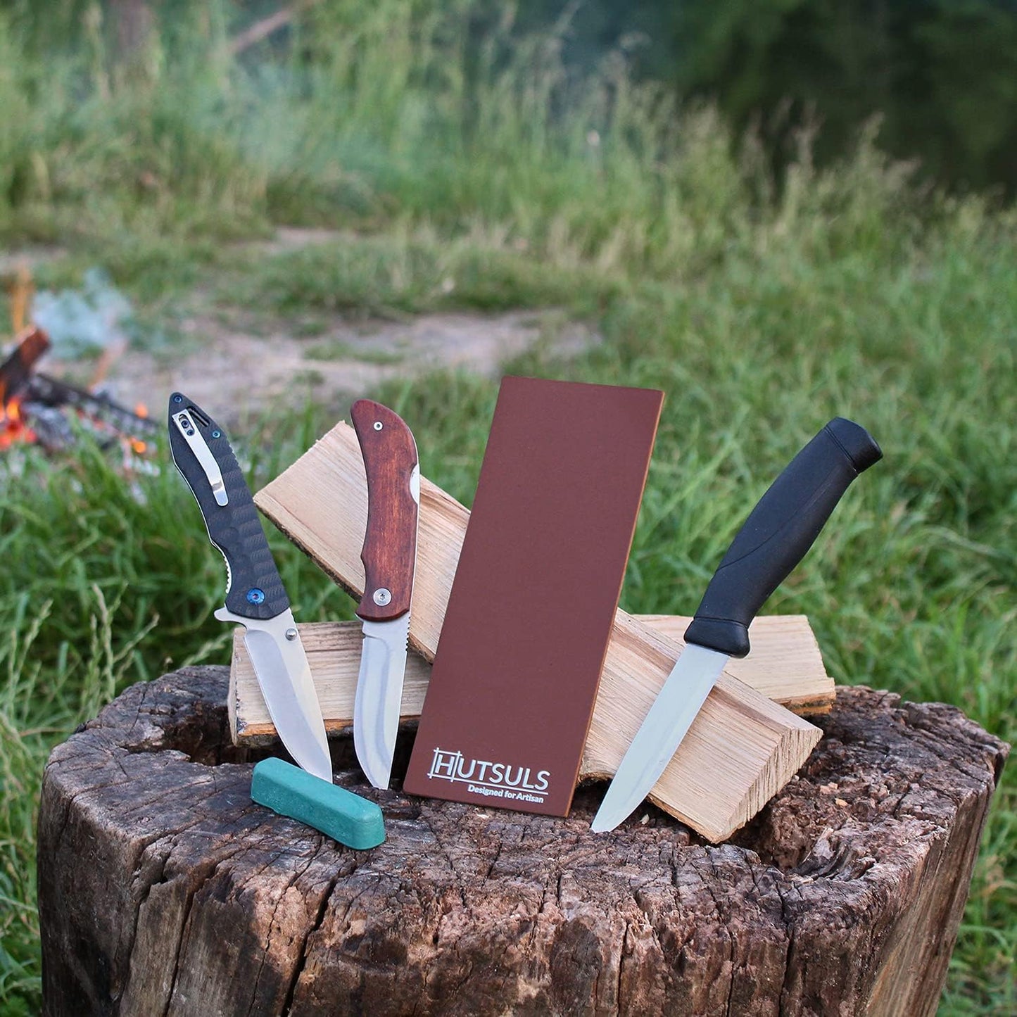 Hutsuls Brown Leather Strop Kit with Green Honing Compound - Achieve Razor-Sharp Edges with Two-Sided Knife Sharpener and Step-by-Step Guide