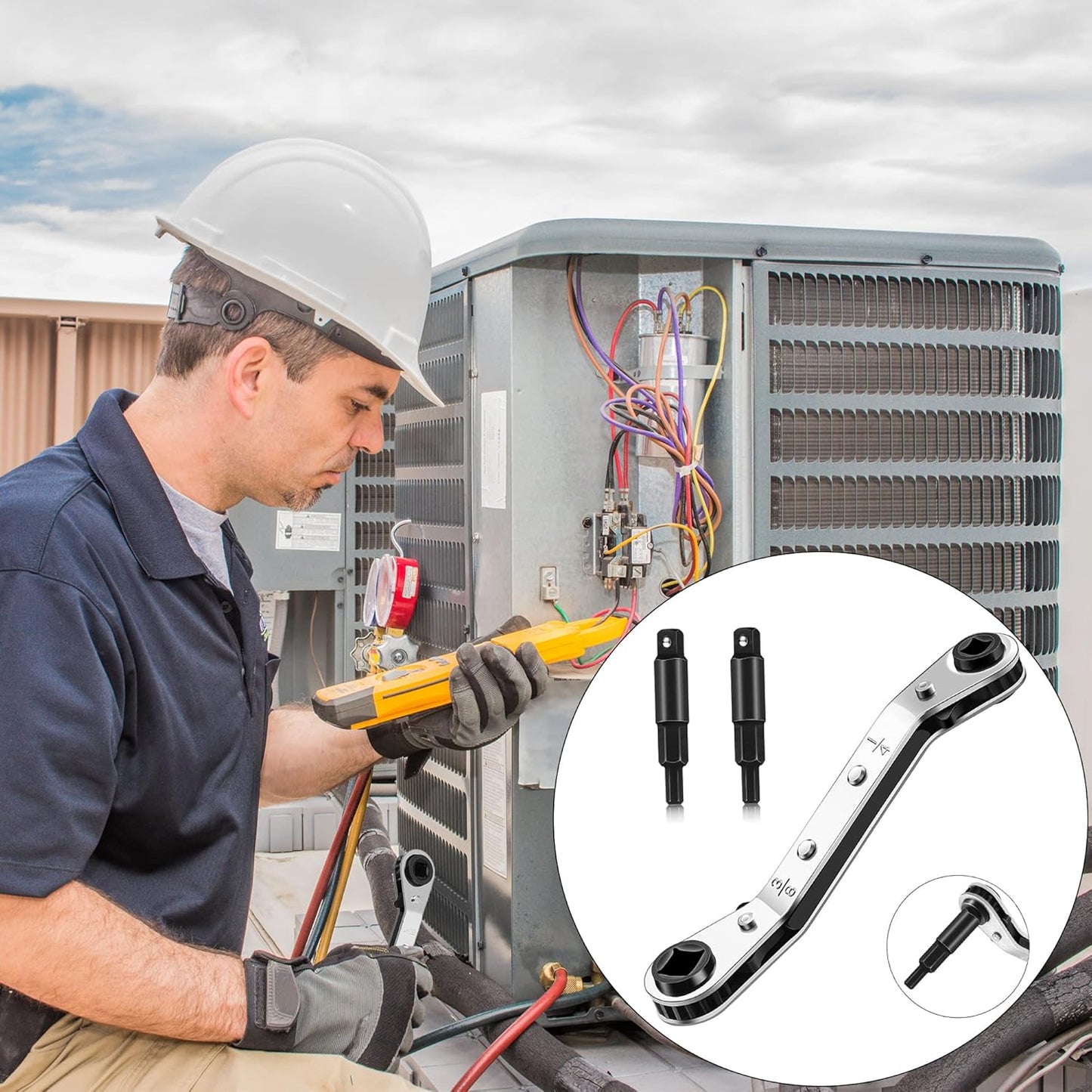 HVAC Service Wrench Set: 3/16”-3/8” Air Conditioner Valve Ratchet with Hexagon Bit Adapter Kit for Refrigeration Tools Repair