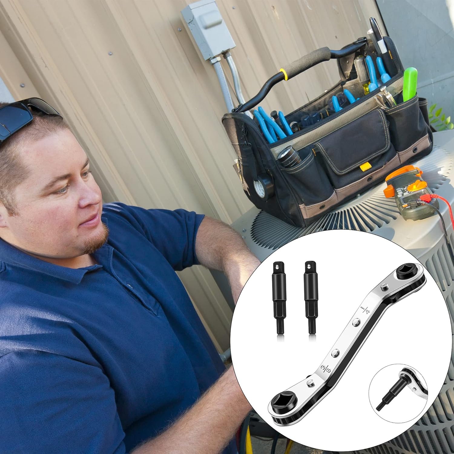 HVAC Service Wrench Set: 3/16”-3/8” Air Conditioner Valve Ratchet with Hexagon Bit Adapter Kit for Refrigeration Tools Repair