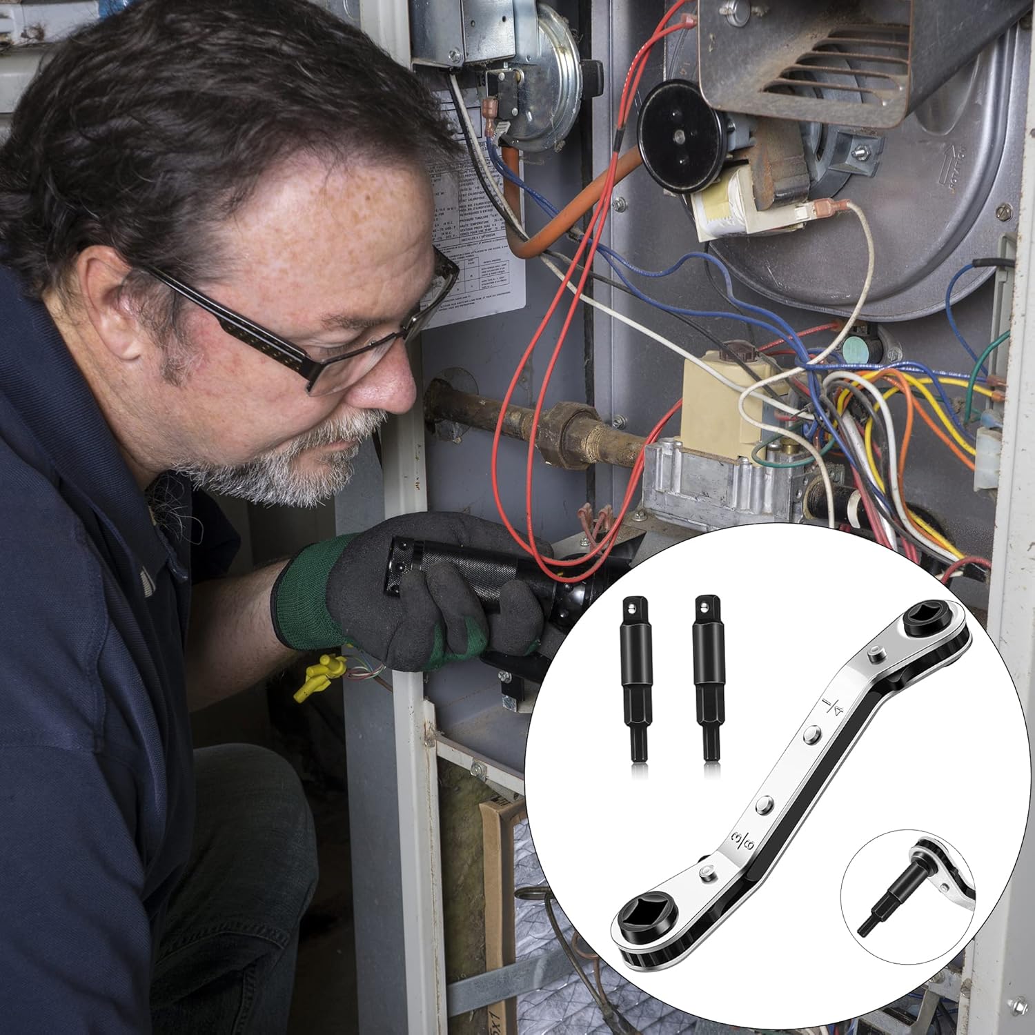 HVAC Service Wrench Set: 3/16”-3/8” Air Conditioner Valve Ratchet with Hexagon Bit Adapter Kit for Refrigeration Tools Repair