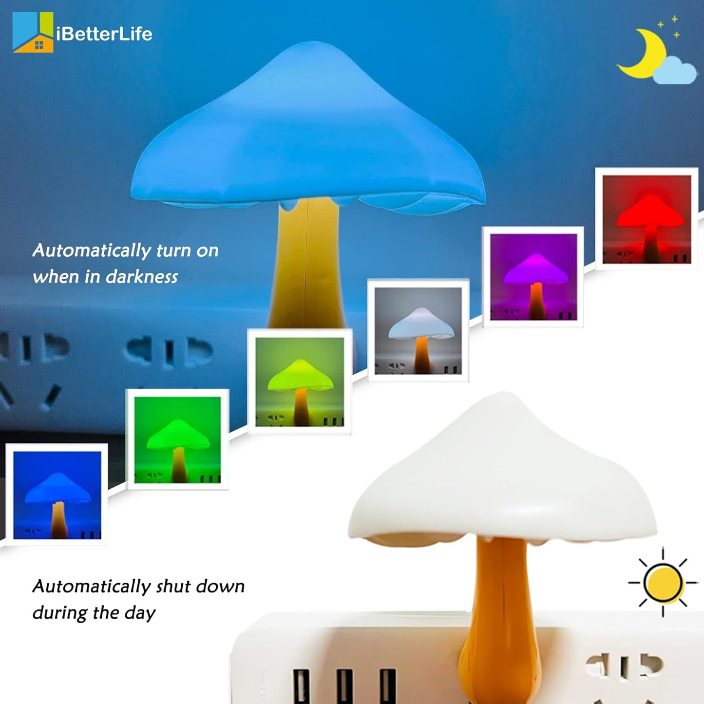 iBetterLife Mushroom Sensor LED Night Light - Plug-in 7 Color Changing Lamp for Bedroom, Bathroom, Stairs