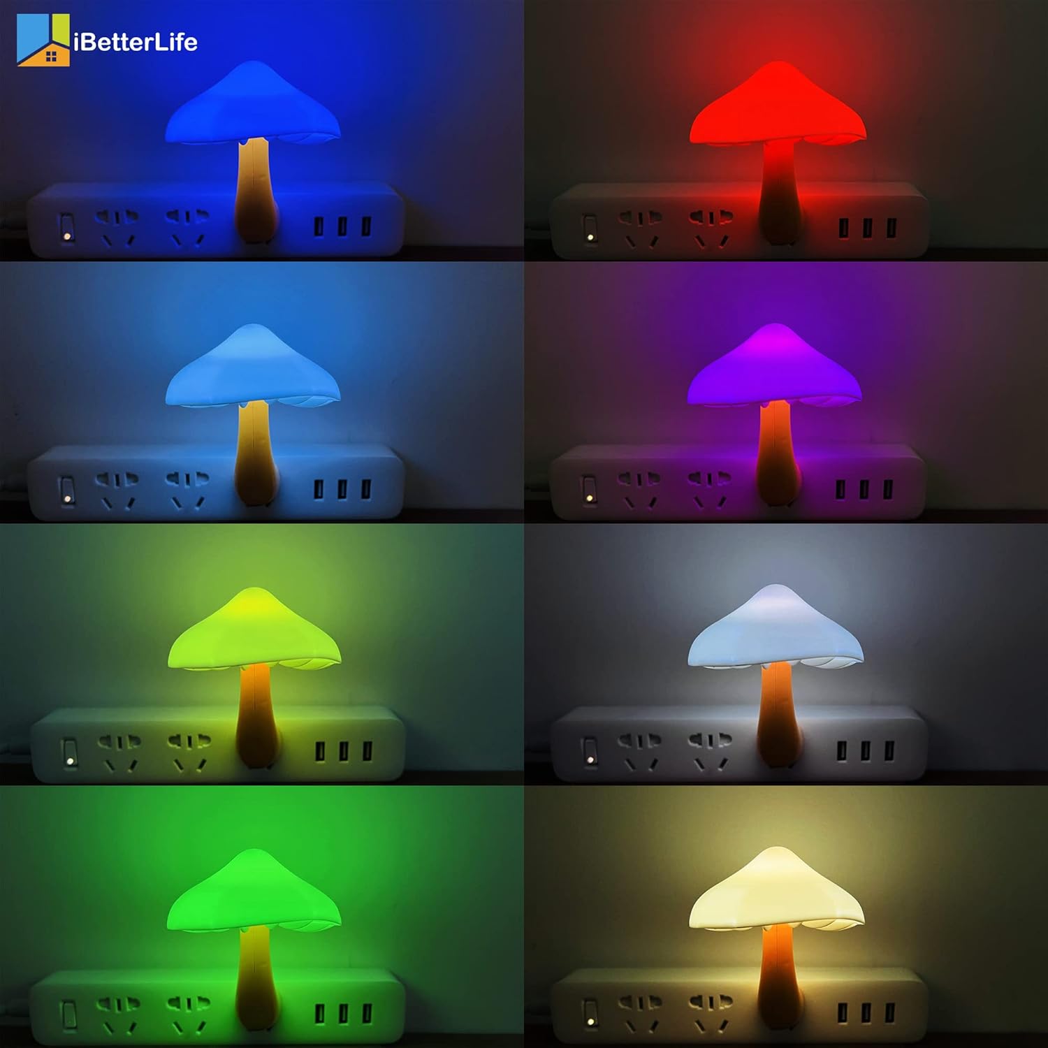 iBetterLife Mushroom Sensor LED Night Light - Plug-in 7 Color Changing Lamp for Bedroom, Bathroom, Stairs