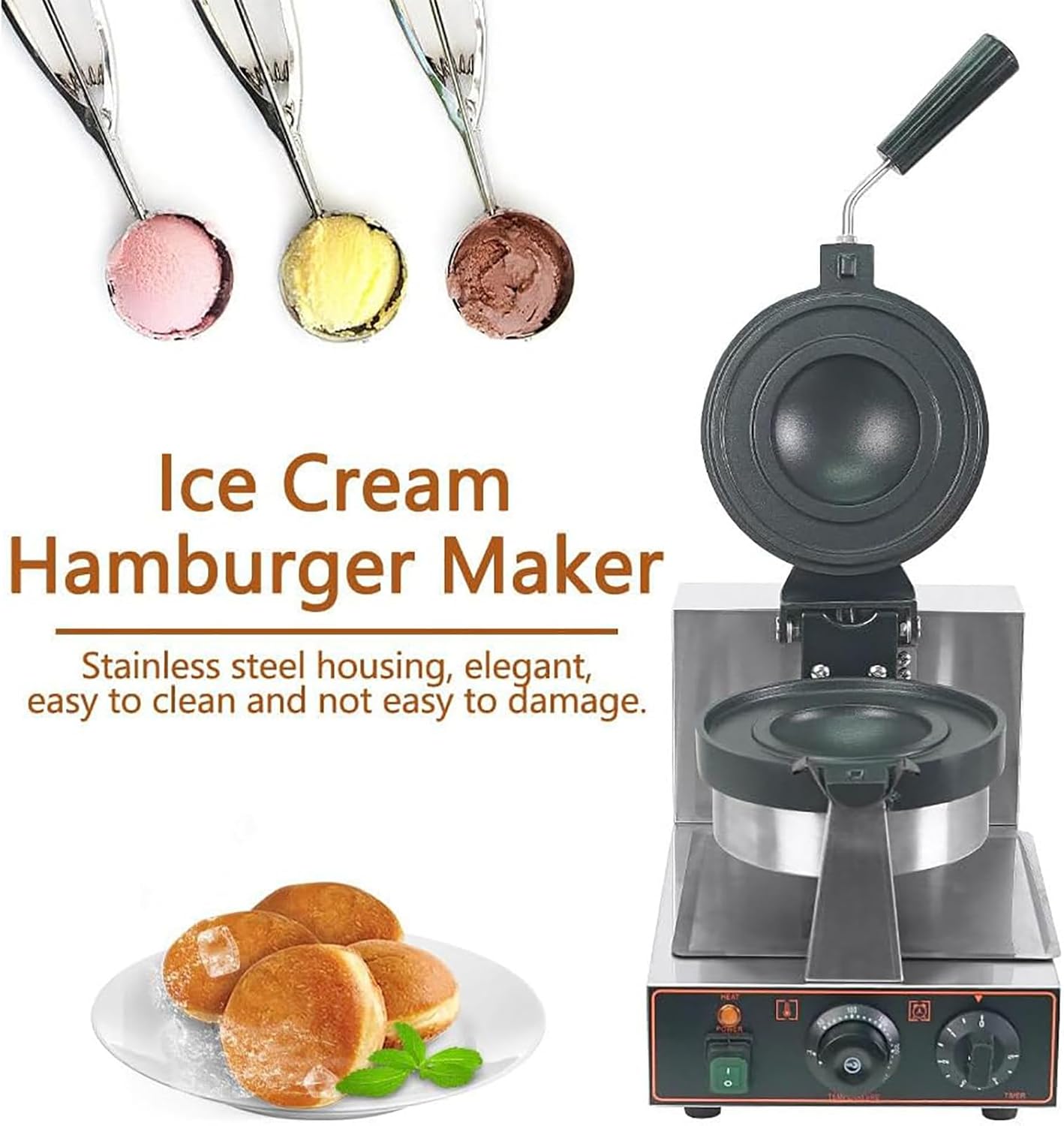 Ice Cream Burger Maker: Commercial Waffle Machine with Electric Stainless Steel Non-stick Mold for Restaurant and Home Use
