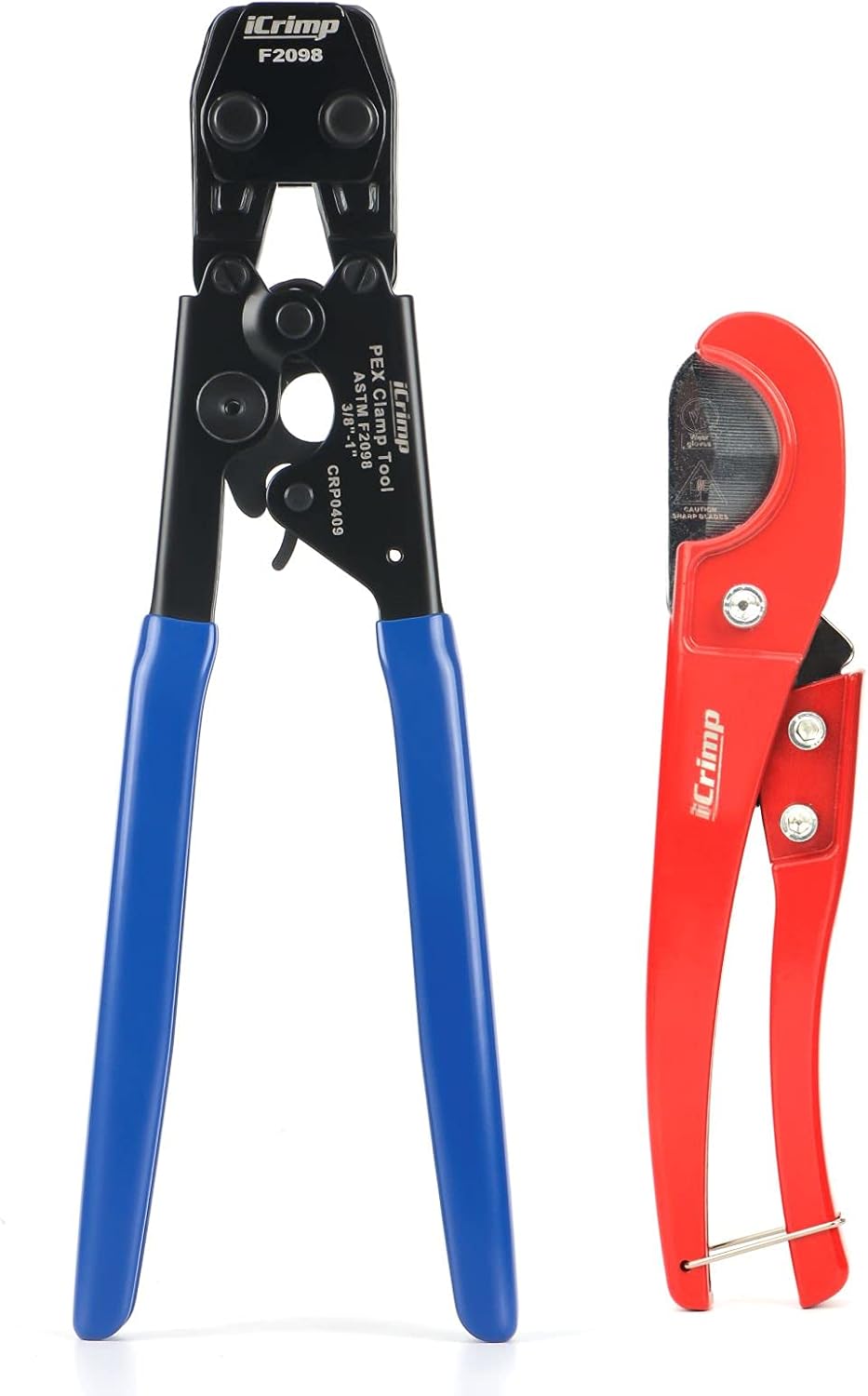 iCrimp PEX Clamp Cinch Tool Set with Pipe Cutter - Fits 3/8" to 1" Stainless Steel Clamps - ASTM F2098 Compliant - Blue & Red