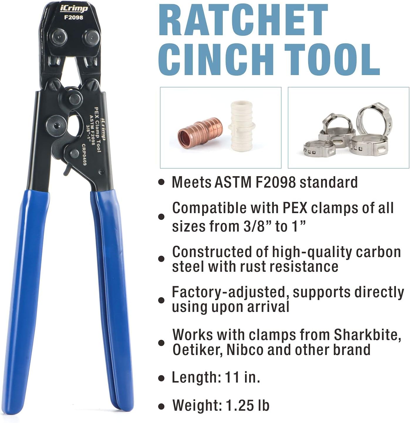 iCrimp PEX Clamp Cinch Tool Set with Pipe Cutter - Fits 3/8" to 1" Stainless Steel Clamps - ASTM F2098 Compliant - Blue & Red