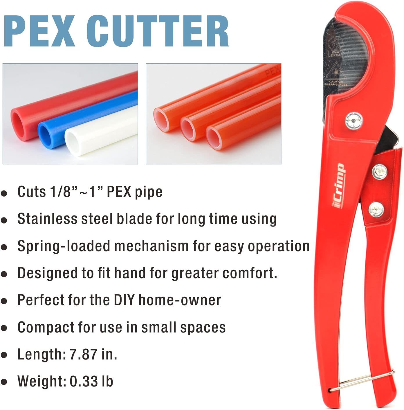 iCrimp PEX Clamp Cinch Tool Set with Pipe Cutter - Fits 3/8" to 1" Stainless Steel Clamps - ASTM F2098 Compliant - Blue & Red