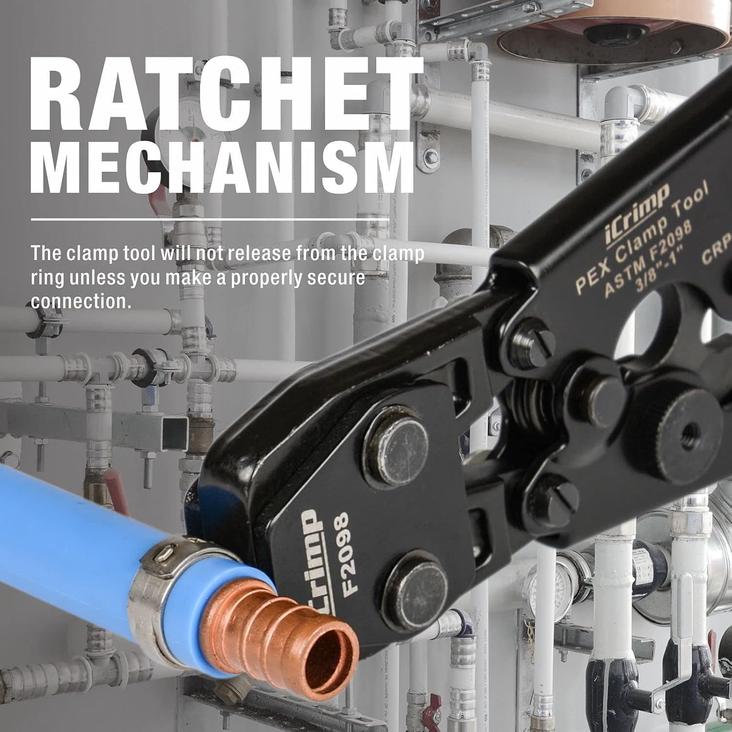 iCrimp PEX Clamp Cinch Tool Set with Pipe Cutter - Fits 3/8" to 1" Stainless Steel Clamps - ASTM F2098 Compliant - Blue & Red