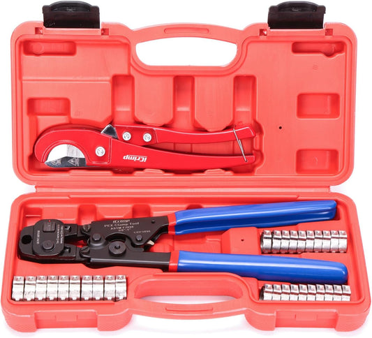 iCrimp Ratchet PEX Cinch Tool with Removal Function and Clamps for Stainless Steel - Complete PEX Crimper Kit with Pipe Cutter