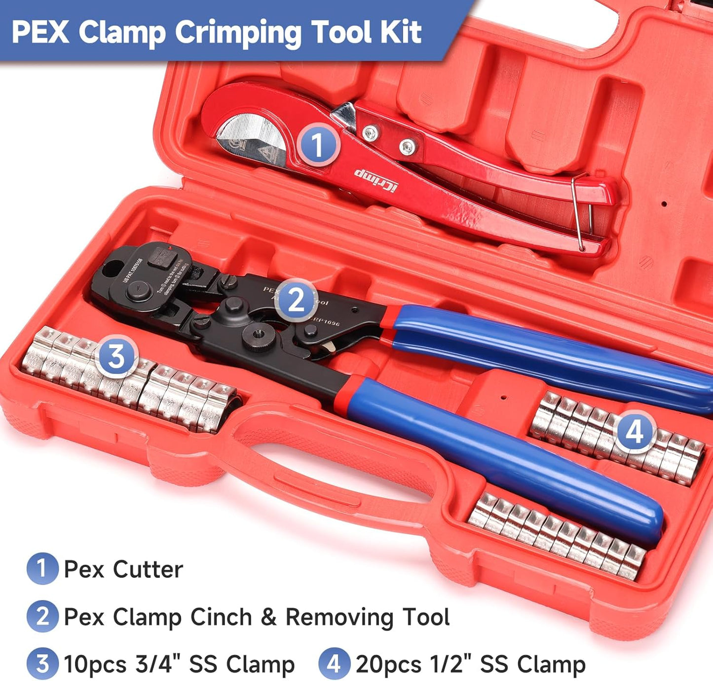 iCrimp Ratchet PEX Cinch Tool with Removal Function and Clamps for Stainless Steel - Complete PEX Crimper Kit with Pipe Cutter