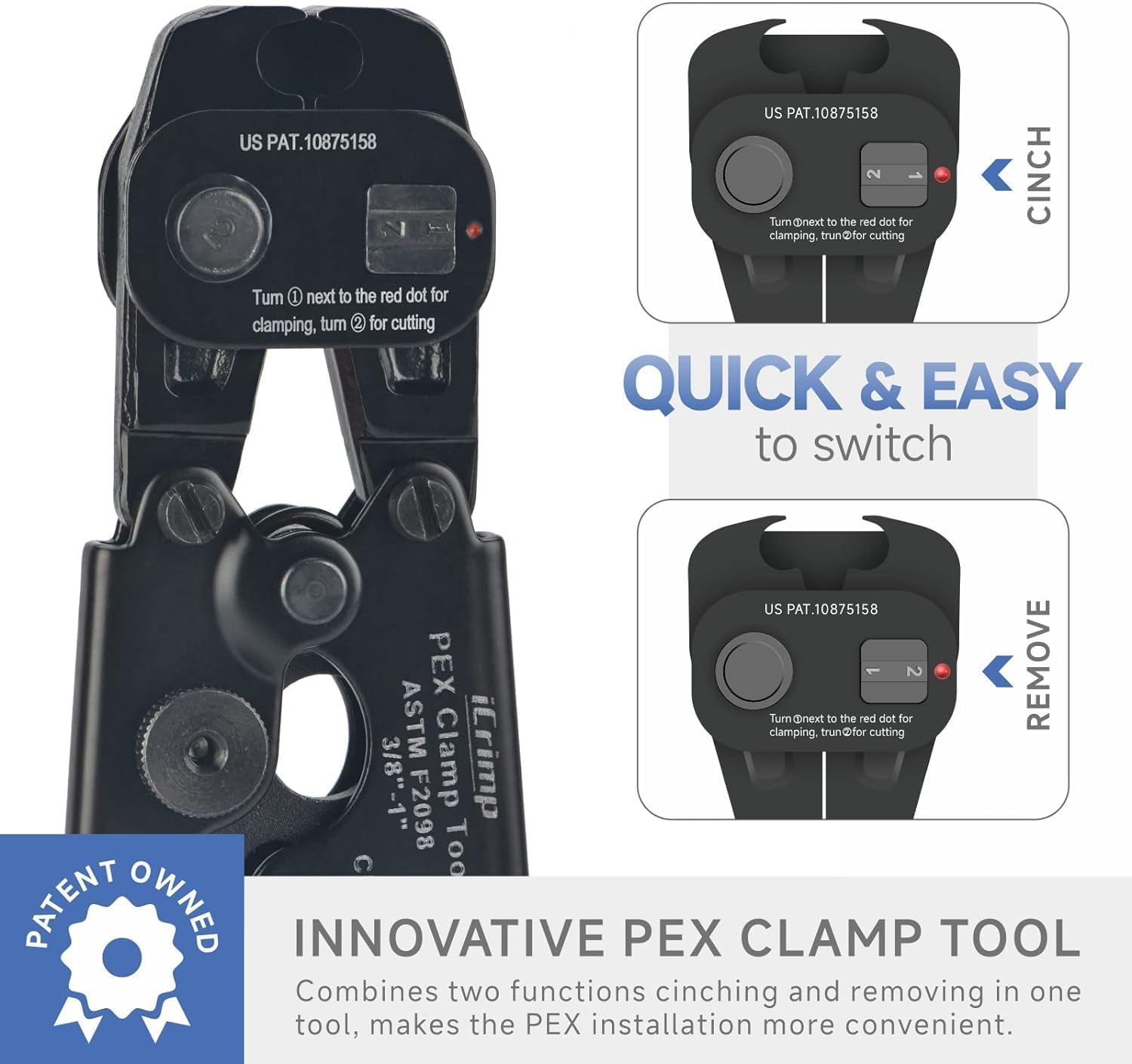 iCrimp Ratchet PEX Cinch Tool with Removal Function and Clamps for Stainless Steel - Complete PEX Crimper Kit with Pipe Cutter
