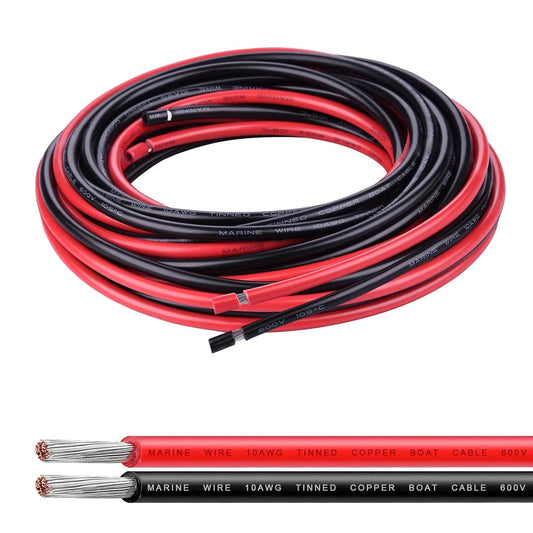 iGreely 10 AWG Tinned Copper Electrical Wire Cable - 2 Conductor Insulated Marine Wire for Solar Panel, Car, Auto, Marine, Speaker, Automotive, Trailer Lighting - 10 Feet Black and 10 Feet Red