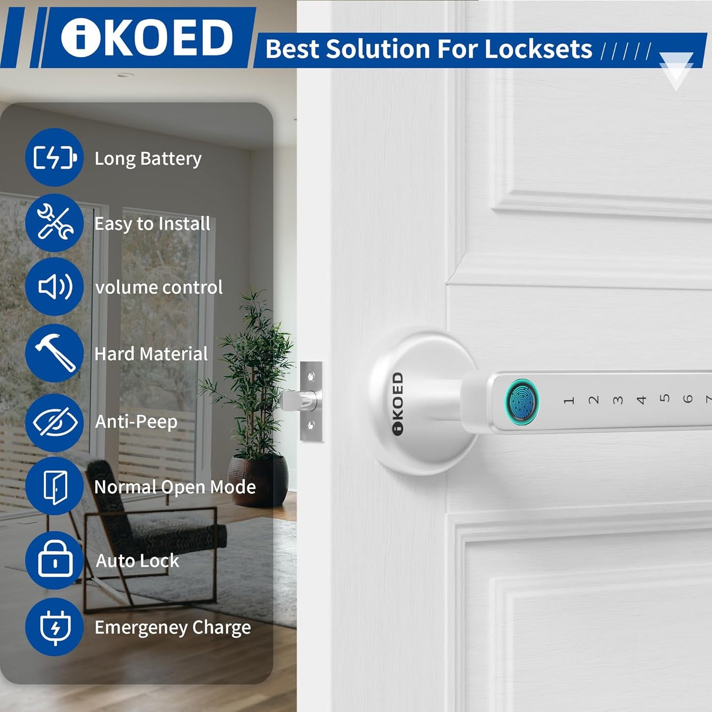IKOED Keyless Entry Fingerprint Door Lock - Electronic Biometric Deadbolt Keypad for Bedroom Home Office Apartment Silver