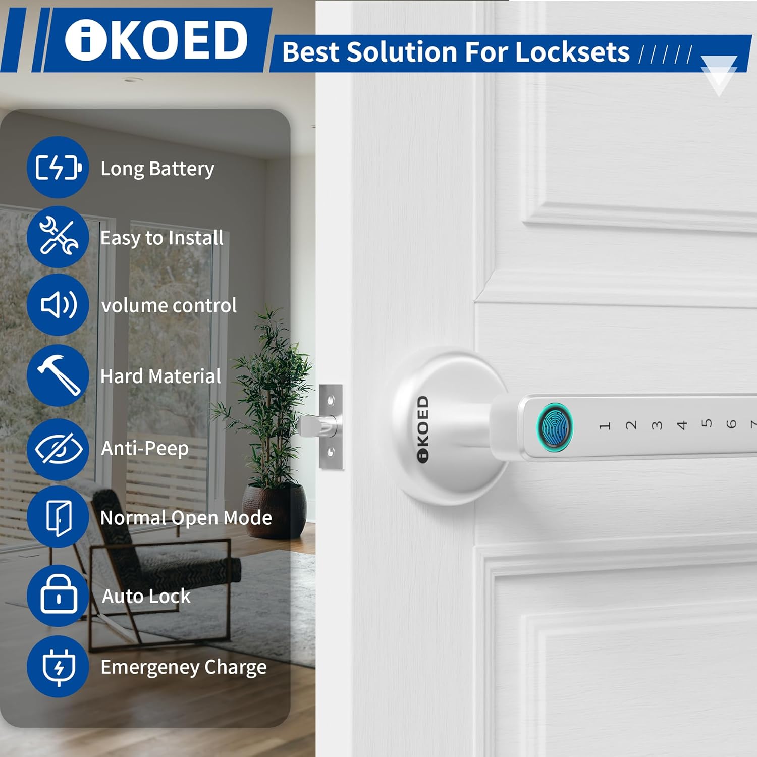 IKOED Keyless Entry Fingerprint Door Lock - Electronic Biometric Deadbolt Keypad for Bedroom Home Office Apartment Silver