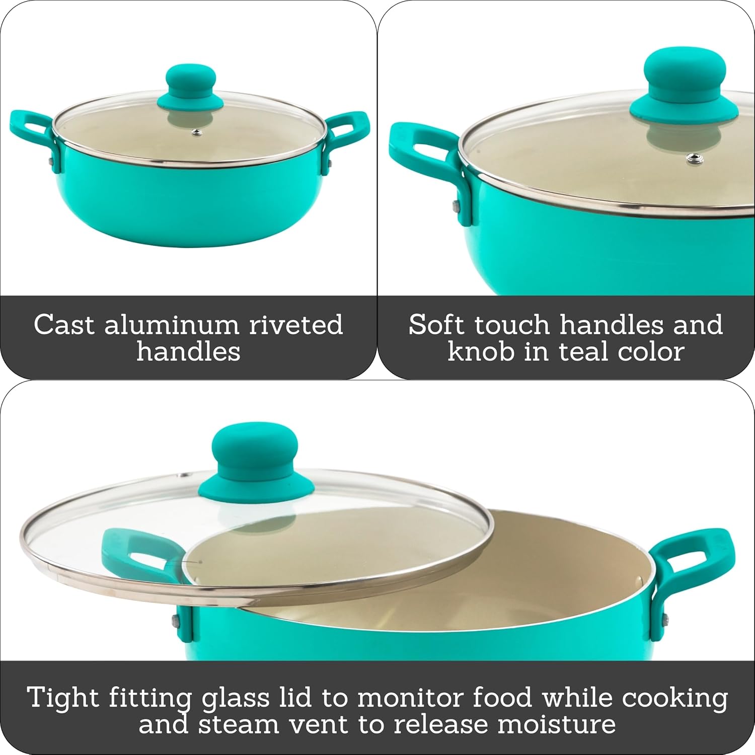 IMUSA USA T Caldero Dutch Oven with Glass Lid and Ceramic Interior, 3.2-Quart Capacity in Teal Color