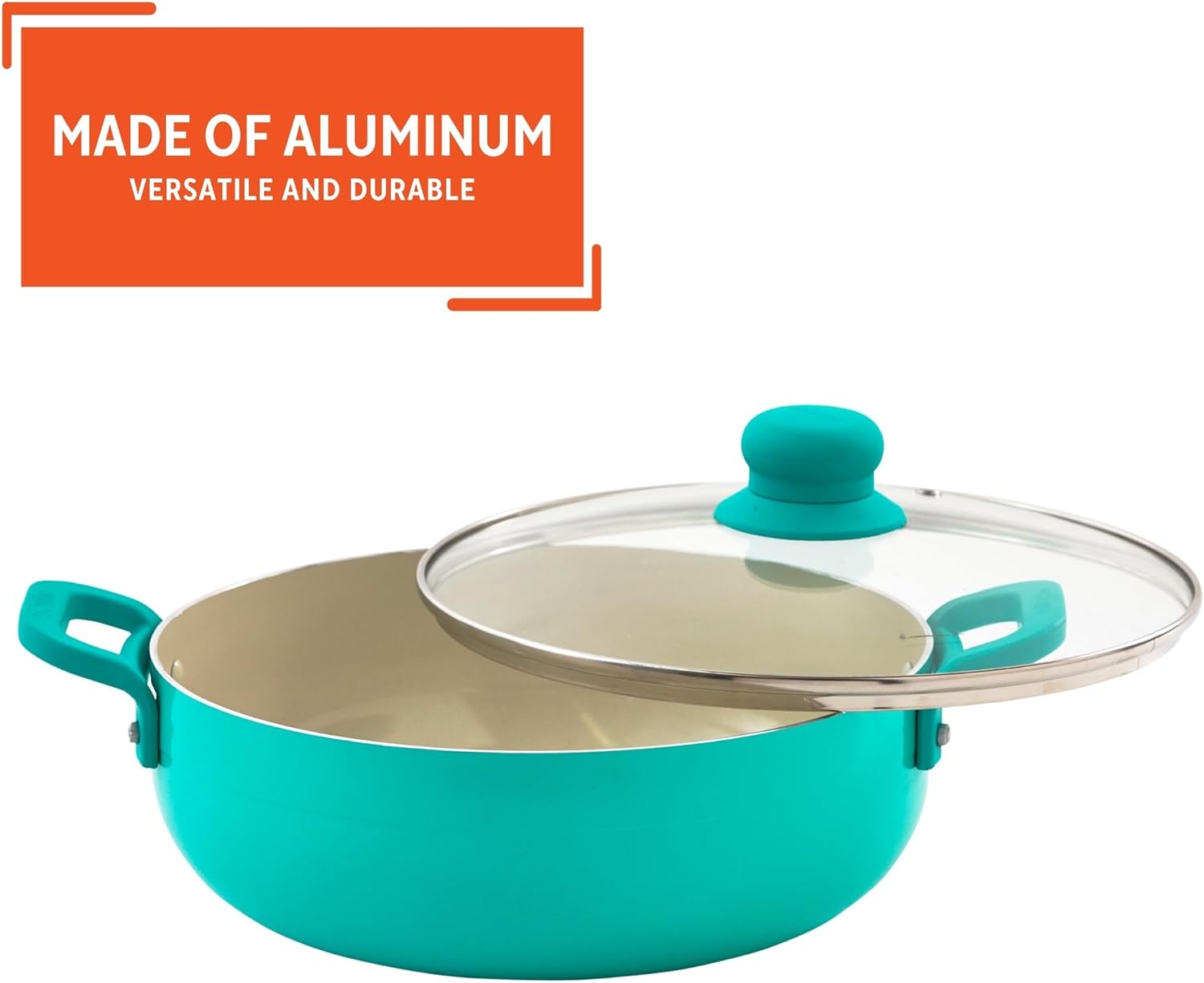 IMUSA USA T Caldero Dutch Oven with Glass Lid and Ceramic Interior, 3.2-Quart Capacity in Teal Color
