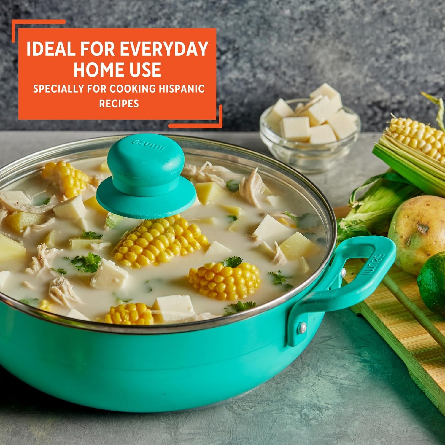 IMUSA USA T Caldero Dutch Oven with Glass Lid and Ceramic Interior, 3.2-Quart Capacity in Teal Color