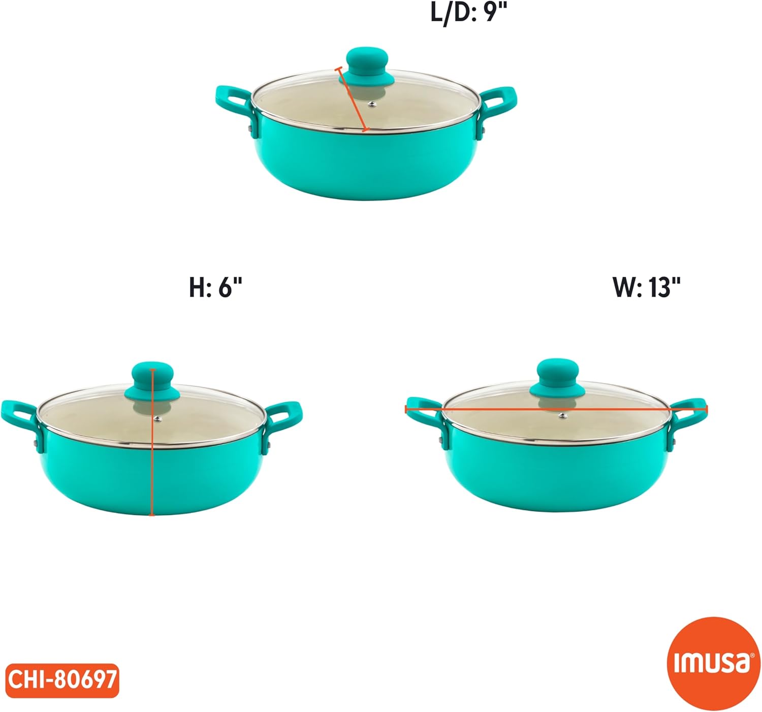 IMUSA USA T Caldero Dutch Oven with Glass Lid and Ceramic Interior, 3.2-Quart Capacity in Teal Color