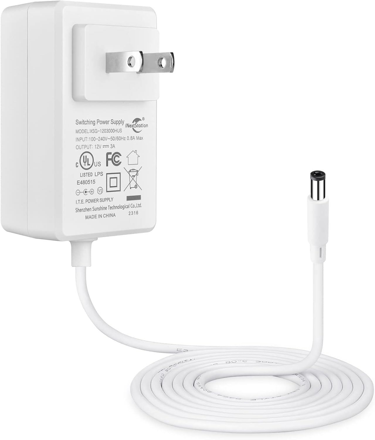 iNextStation 3A 12V Power Adapter Supply with US Plug for LED Light Strip, LCD Monitor, Router - UL Listed