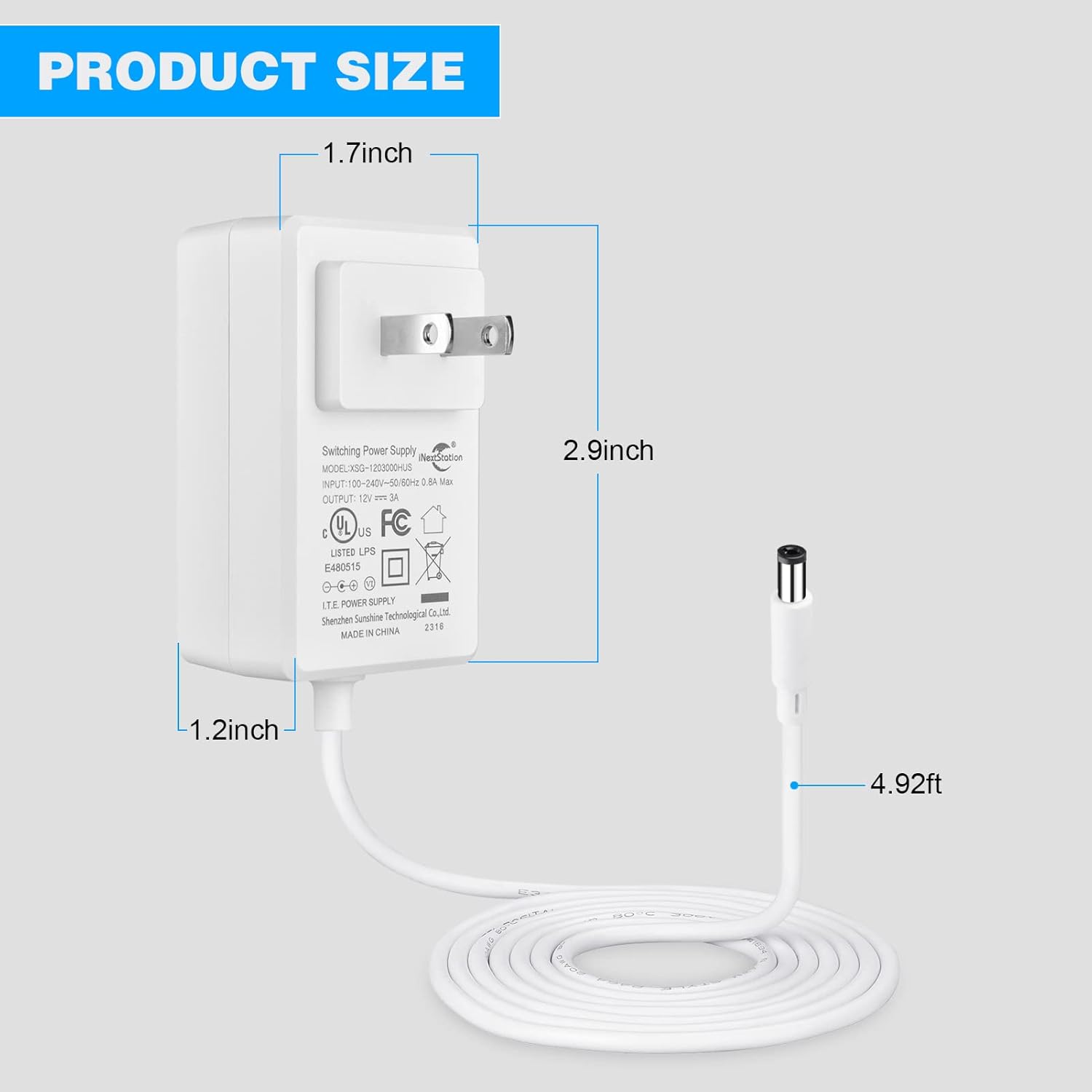 iNextStation 3A 12V Power Adapter Supply with US Plug for LED Light Strip, LCD Monitor, Router - UL Listed