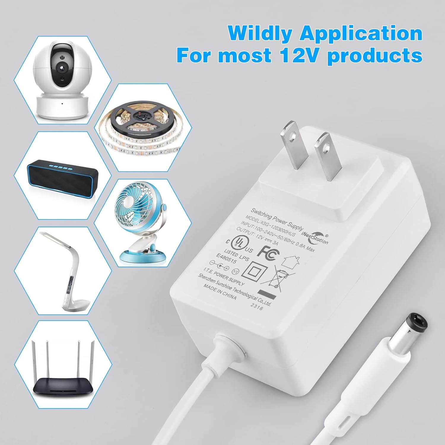 iNextStation 3A 12V Power Adapter Supply with US Plug for LED Light Strip, LCD Monitor, Router - UL Listed