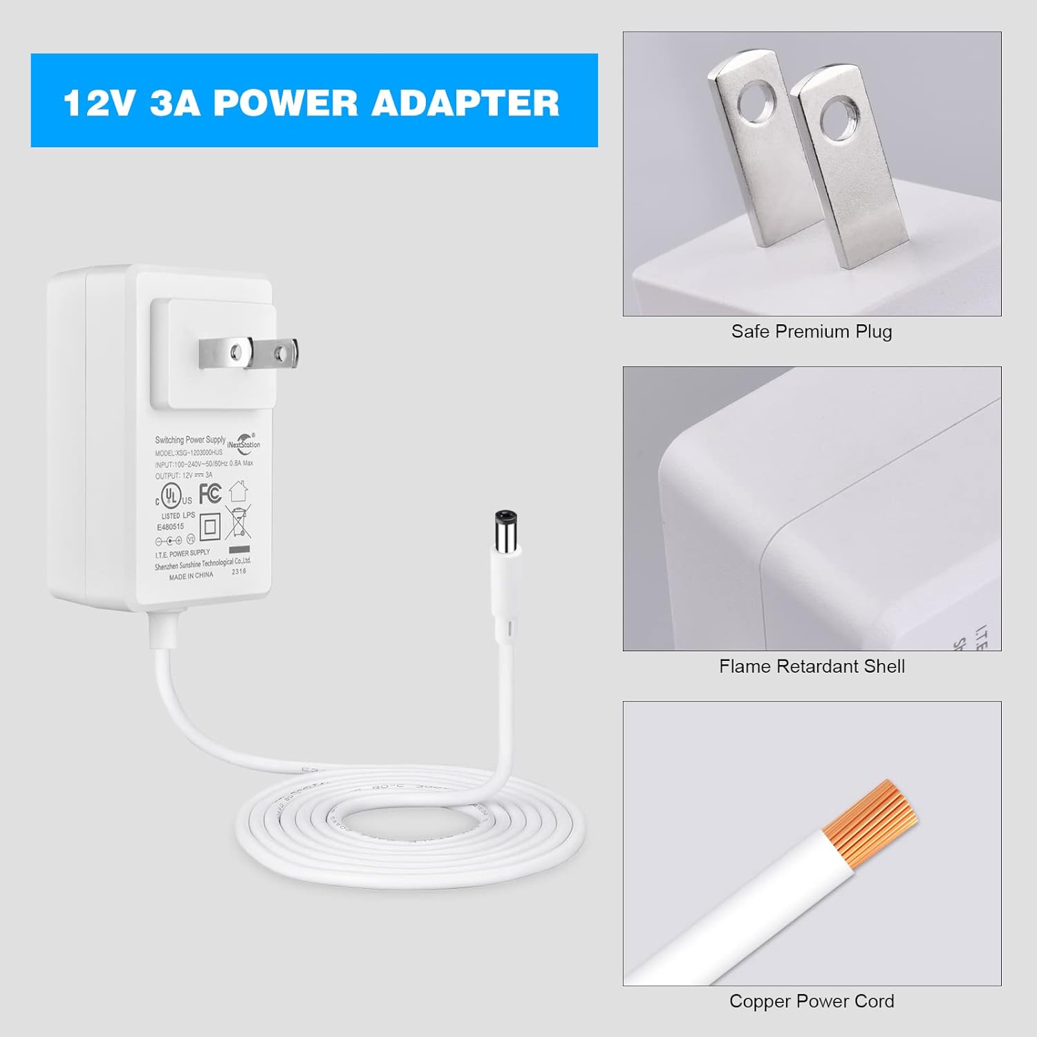 iNextStation 3A 12V Power Adapter Supply with US Plug for LED Light Strip, LCD Monitor, Router - UL Listed