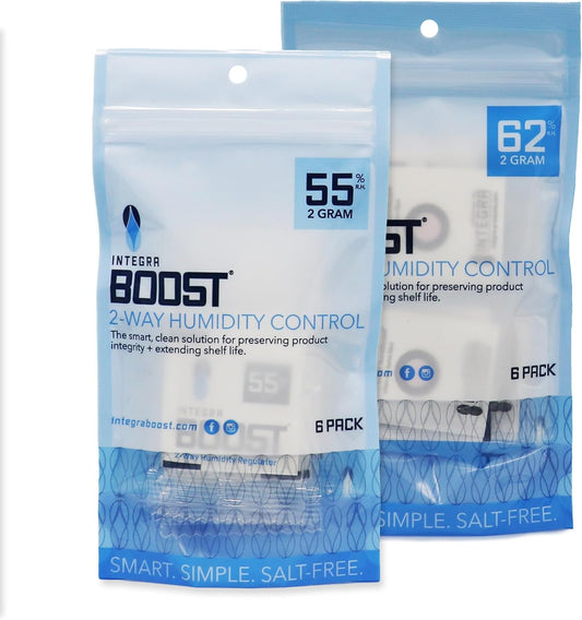 Integra Boost Explorer Pack 2-Way Humidity Controller - 55% RH + 62% RH, 2g Size, 12 Pieces, Protects 1/4 Oz